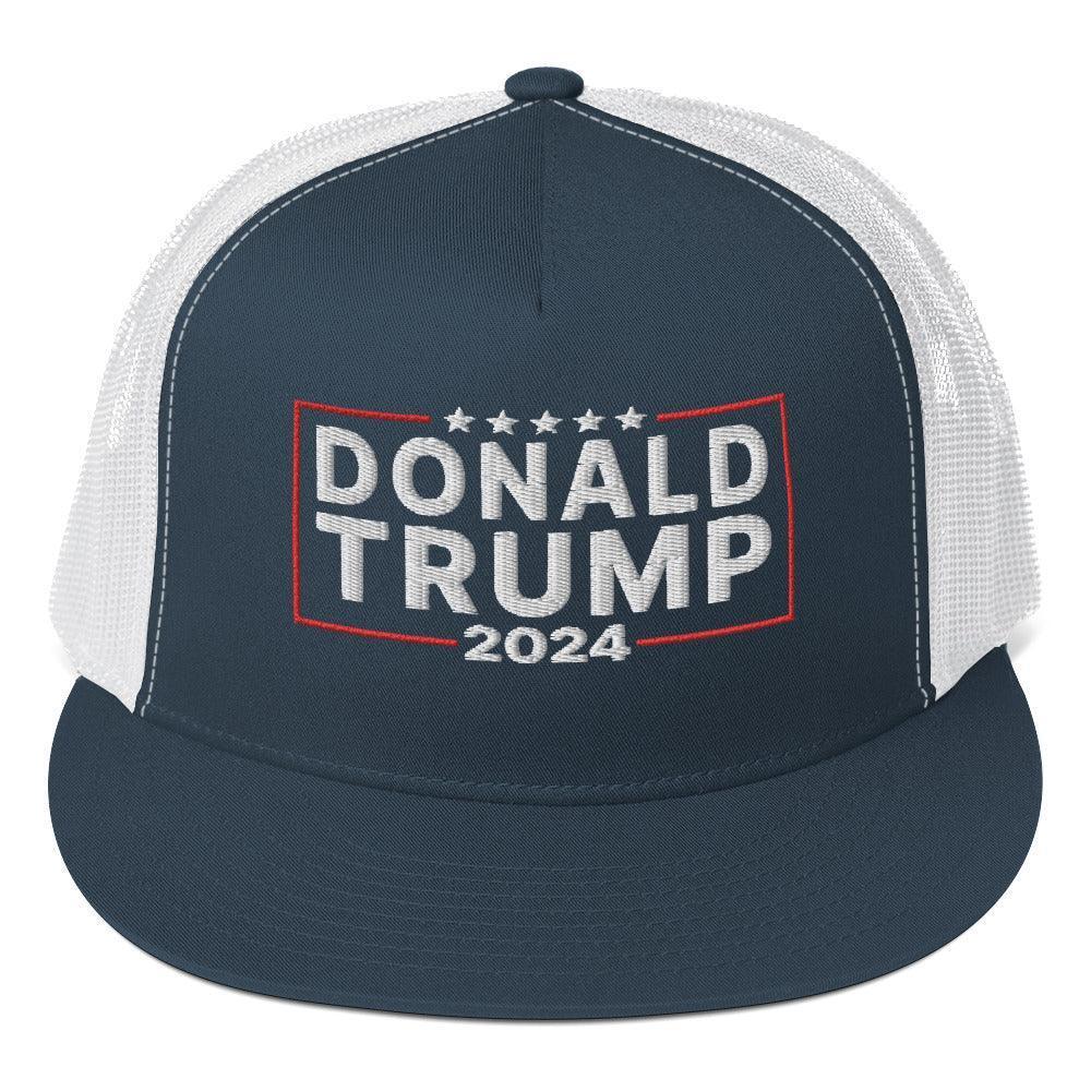 2024 Donald Trump Flat Bill Brim Snapback Trucker Hat Navy/ White