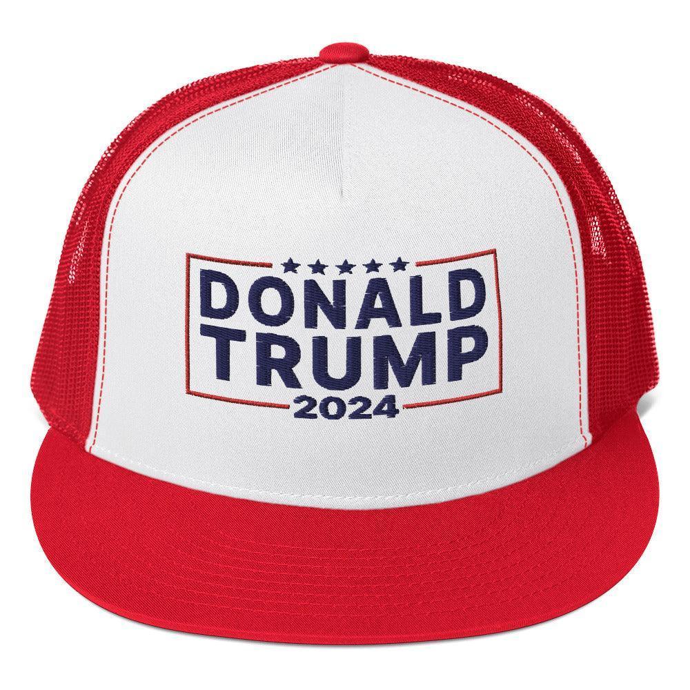 2024 Donald Trump Flat Bill Brim Snapback Trucker Hat Red/ White/ Red