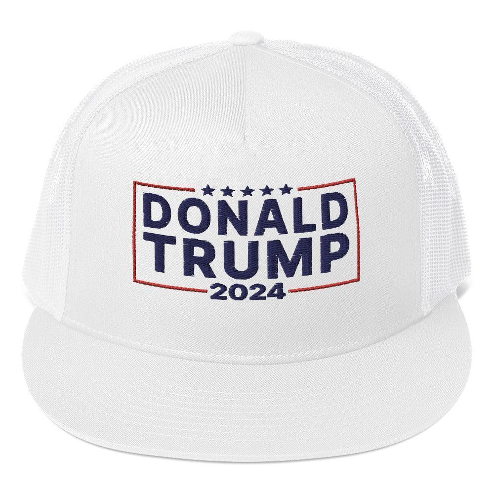 2024 Donald Trump Flat Bill Brim Snapback Trucker Hat White