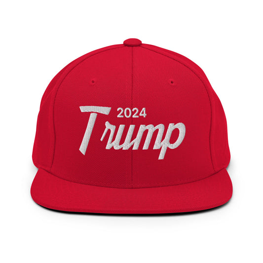 2024 Trump Script Flat Bill Brim Snapback Hat Red