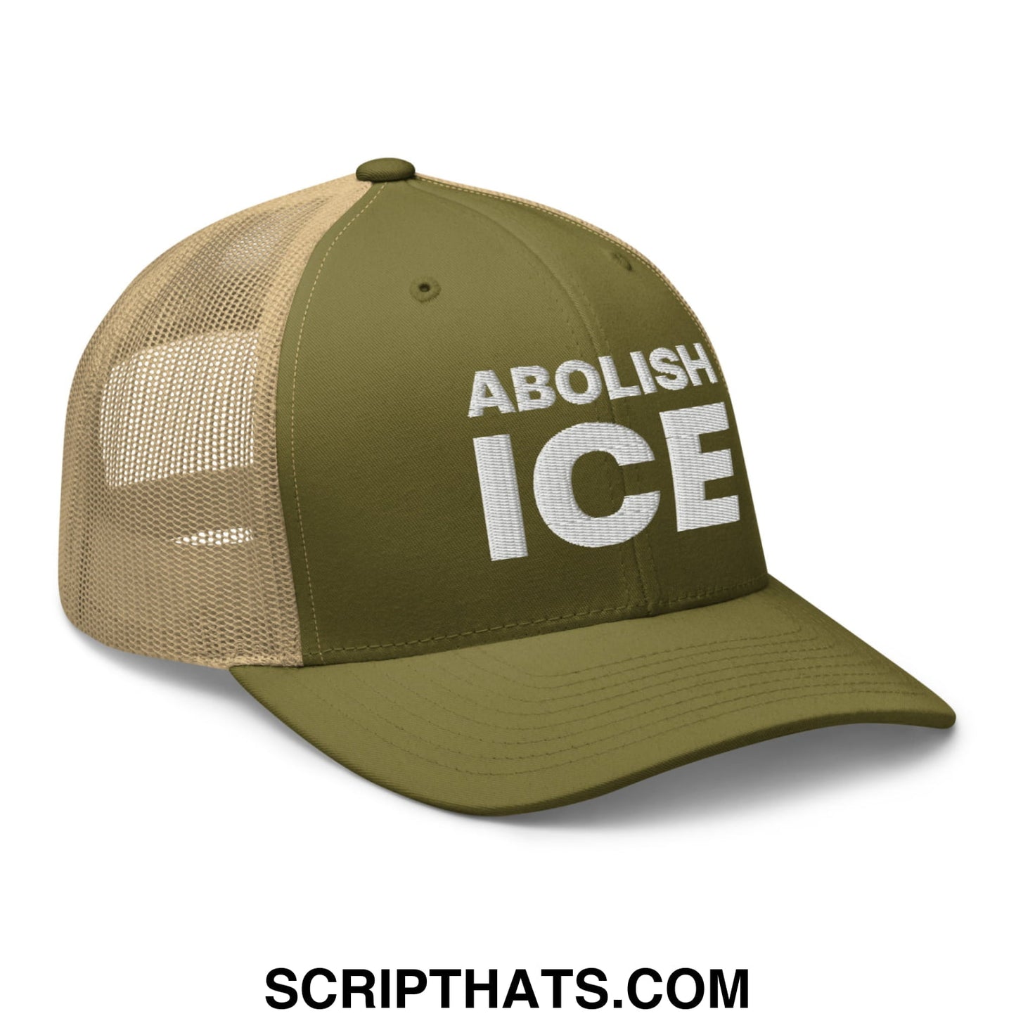 Abolish ICE Embroidered Mesh Trucker Hat Moss Khaki
