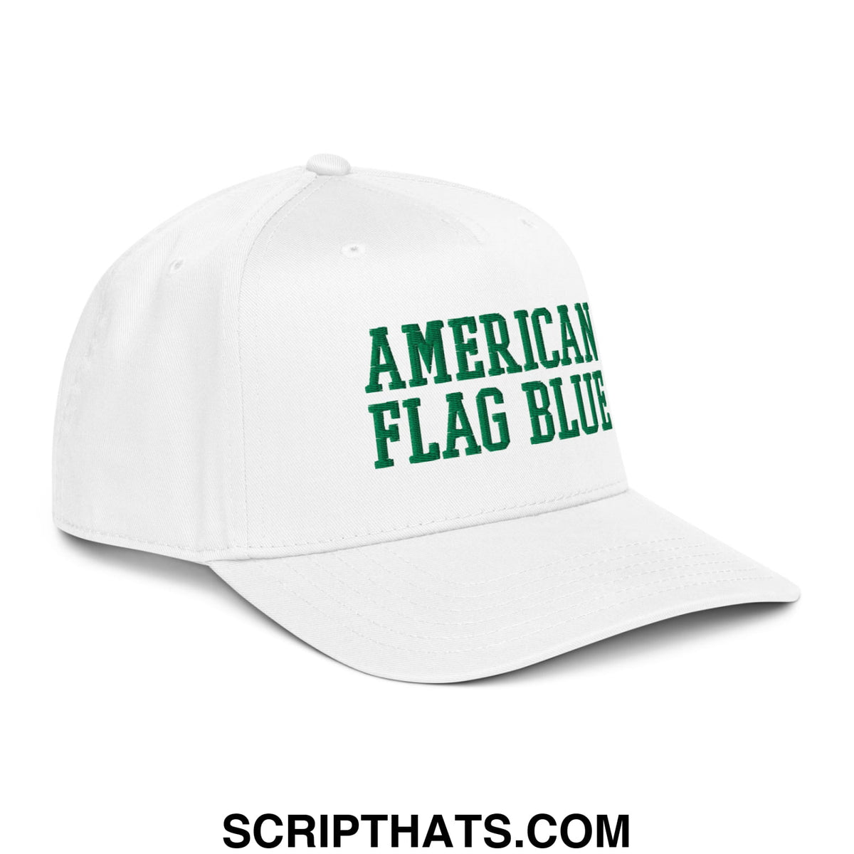 White baseball snapback hat with green american flag blue embroidered text reflecting pool algae design