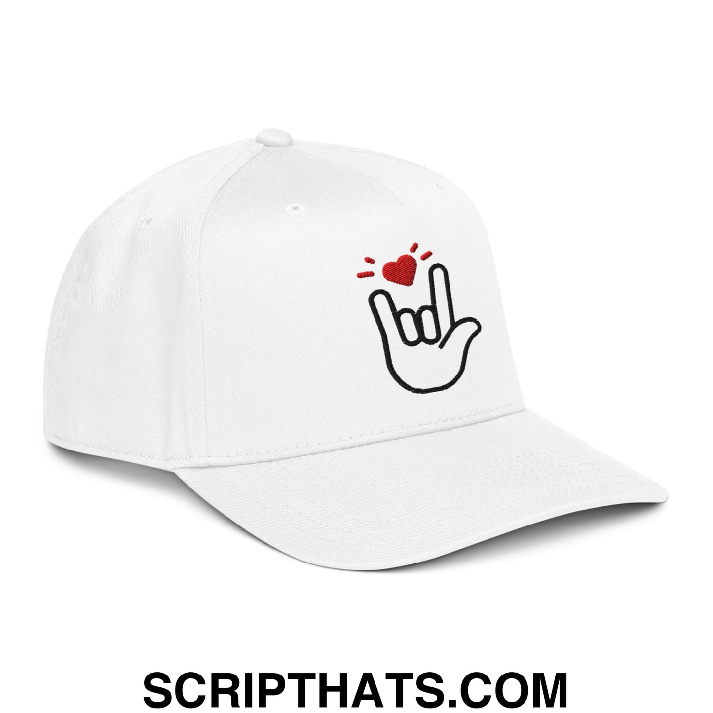 White baseball snapback hat with black embroidered asl i love you hand gesture and red heart for valentines day