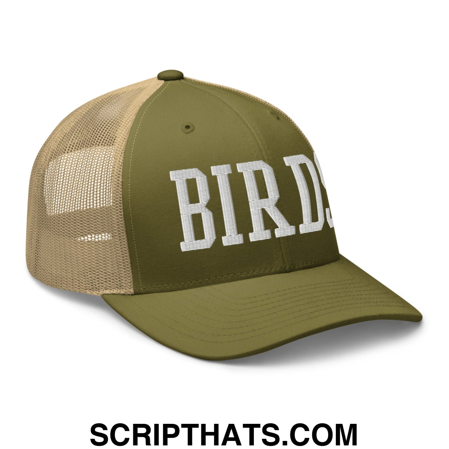 Birds Varsity Block Embroidered Mesh Trucker Hat Moss Khaki