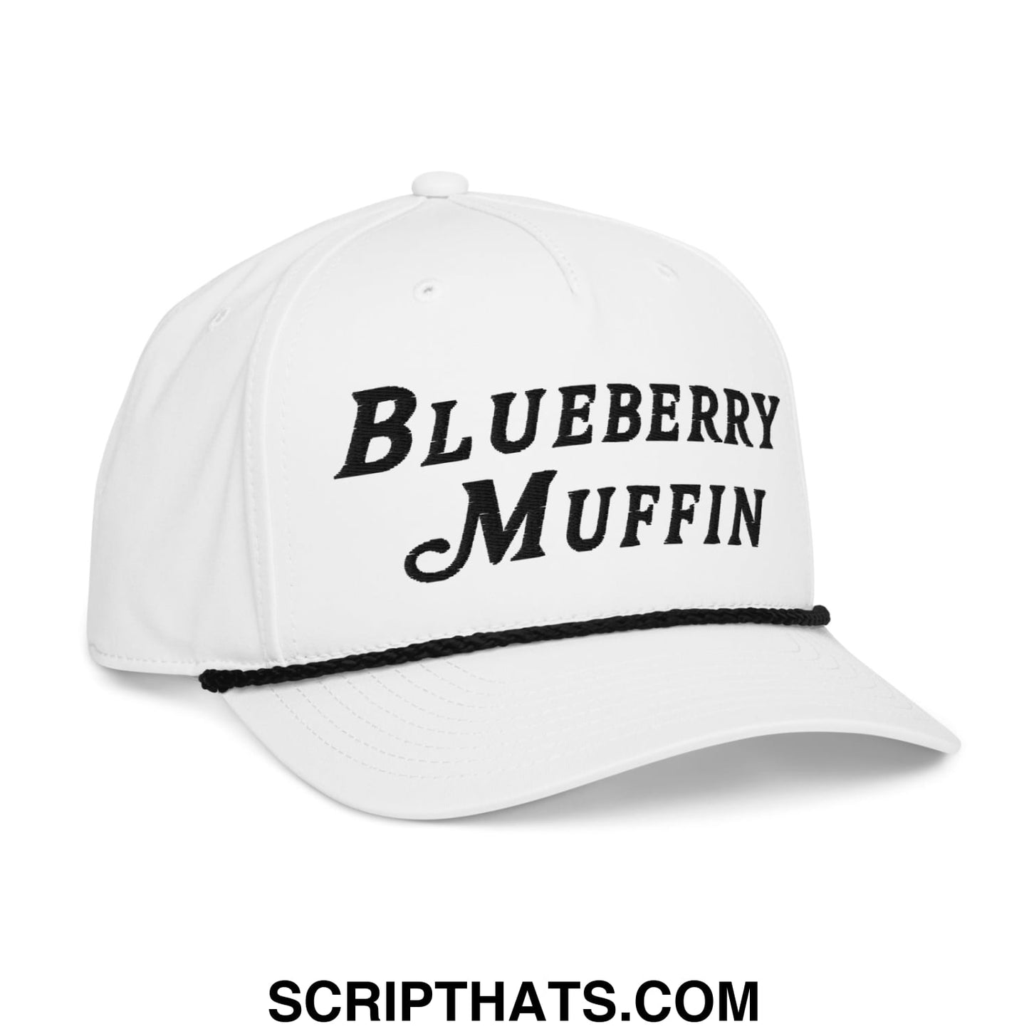 White baseball cap with black embroidered blueberry muffin text and black brim trim designed for golf use