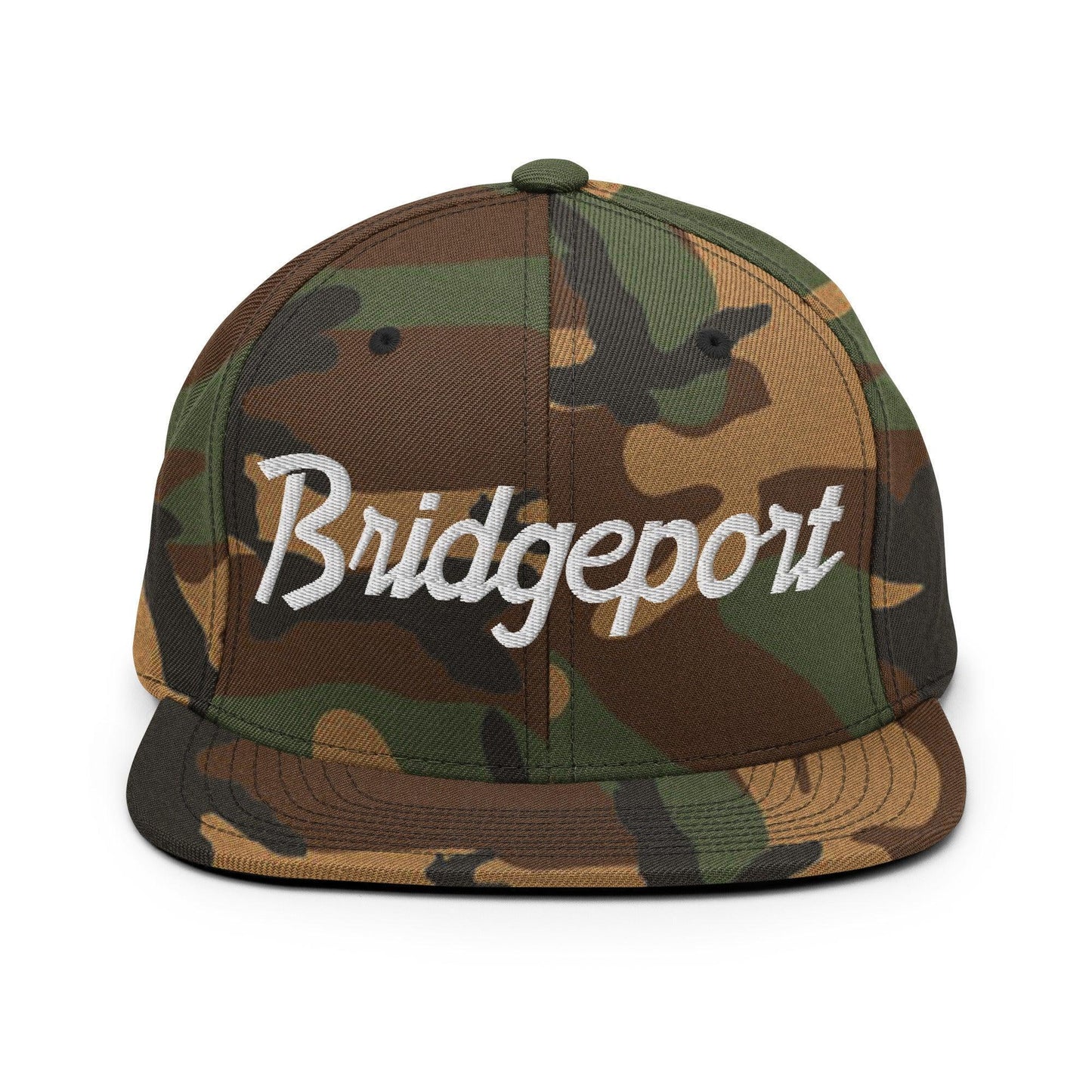 Bridgeport Script Snapback Hat Green Camo