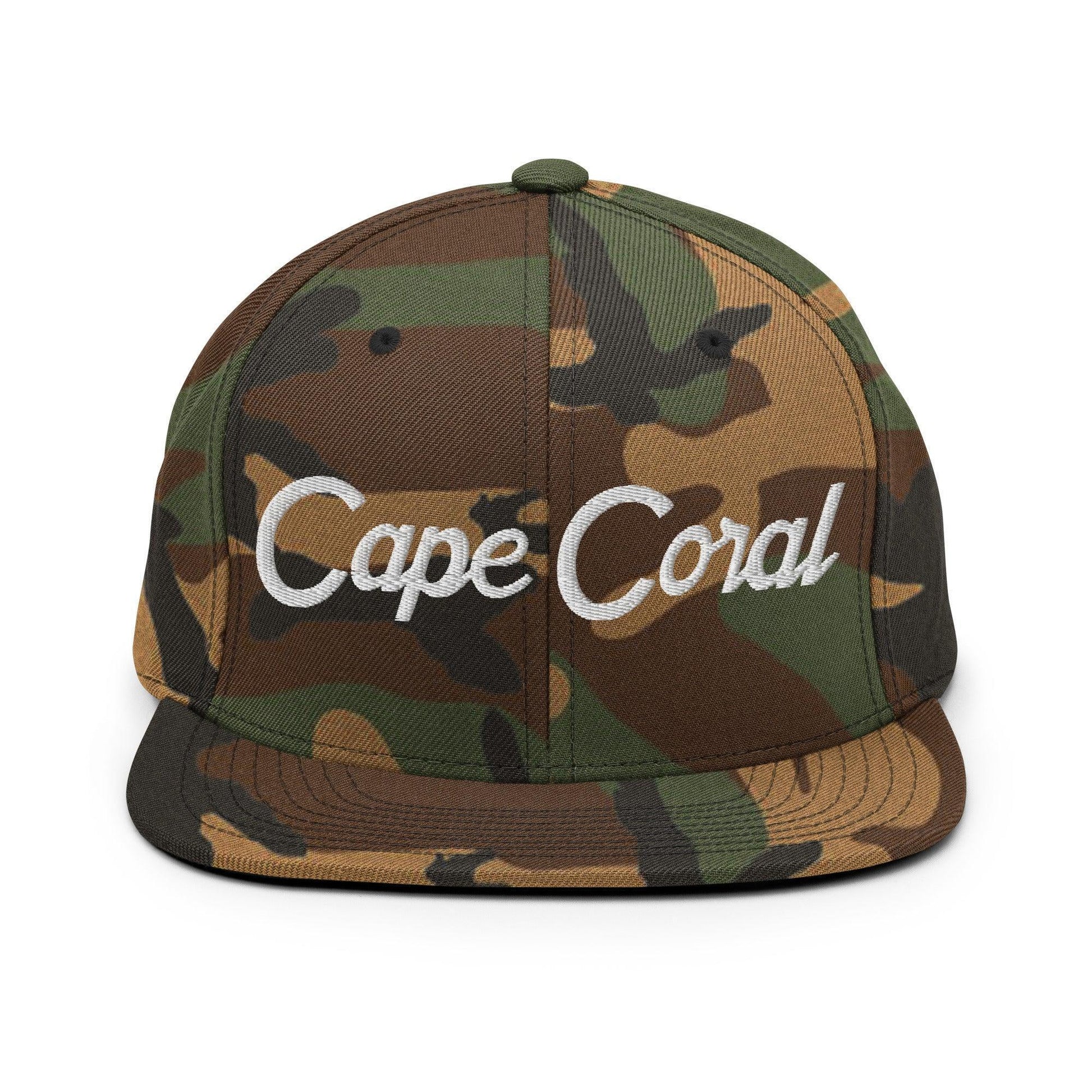 Cape Coral Script Snapback Hat Green Camo