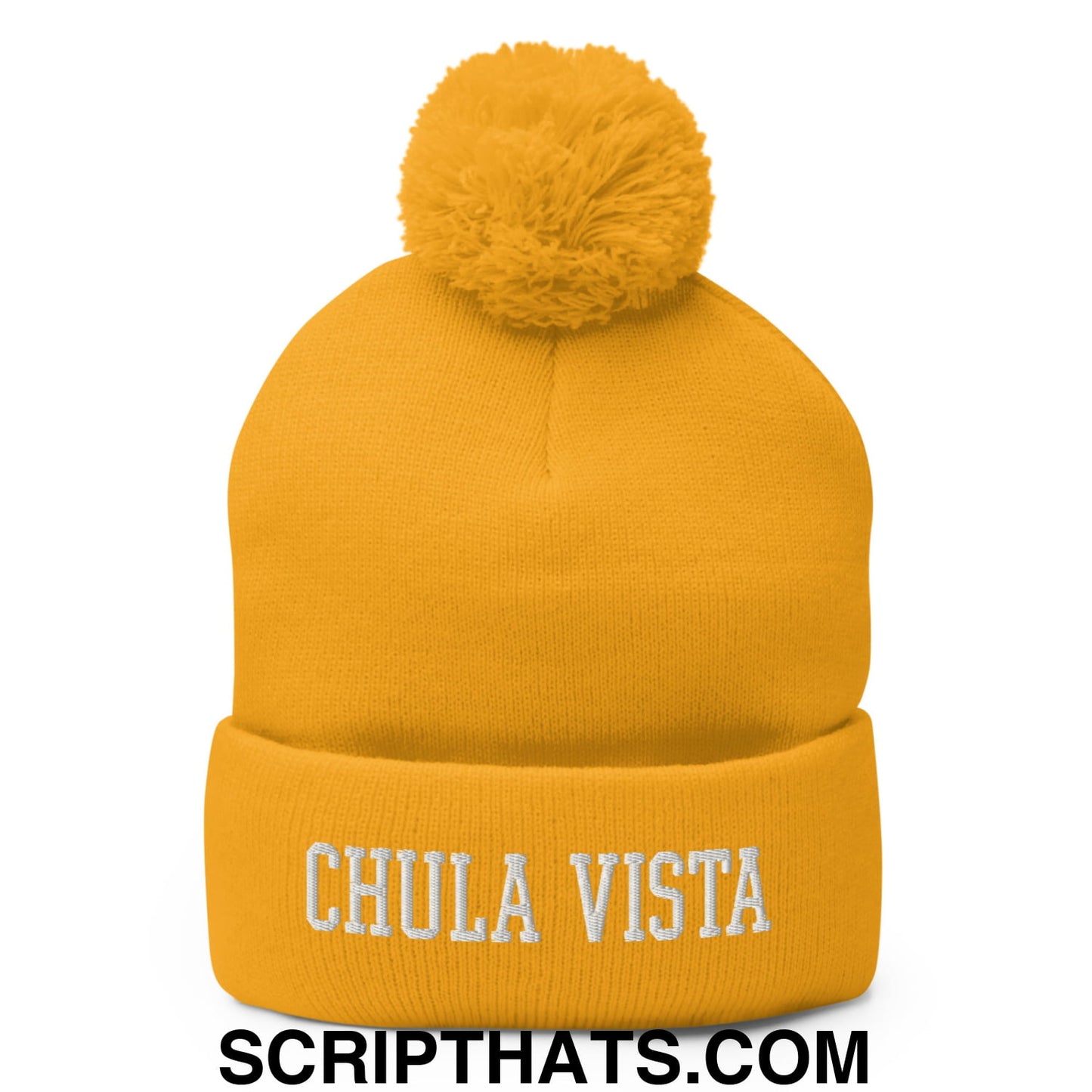 Chula Vista Varsity College Block Embroidered Knit Pom Pom Beanie Gold