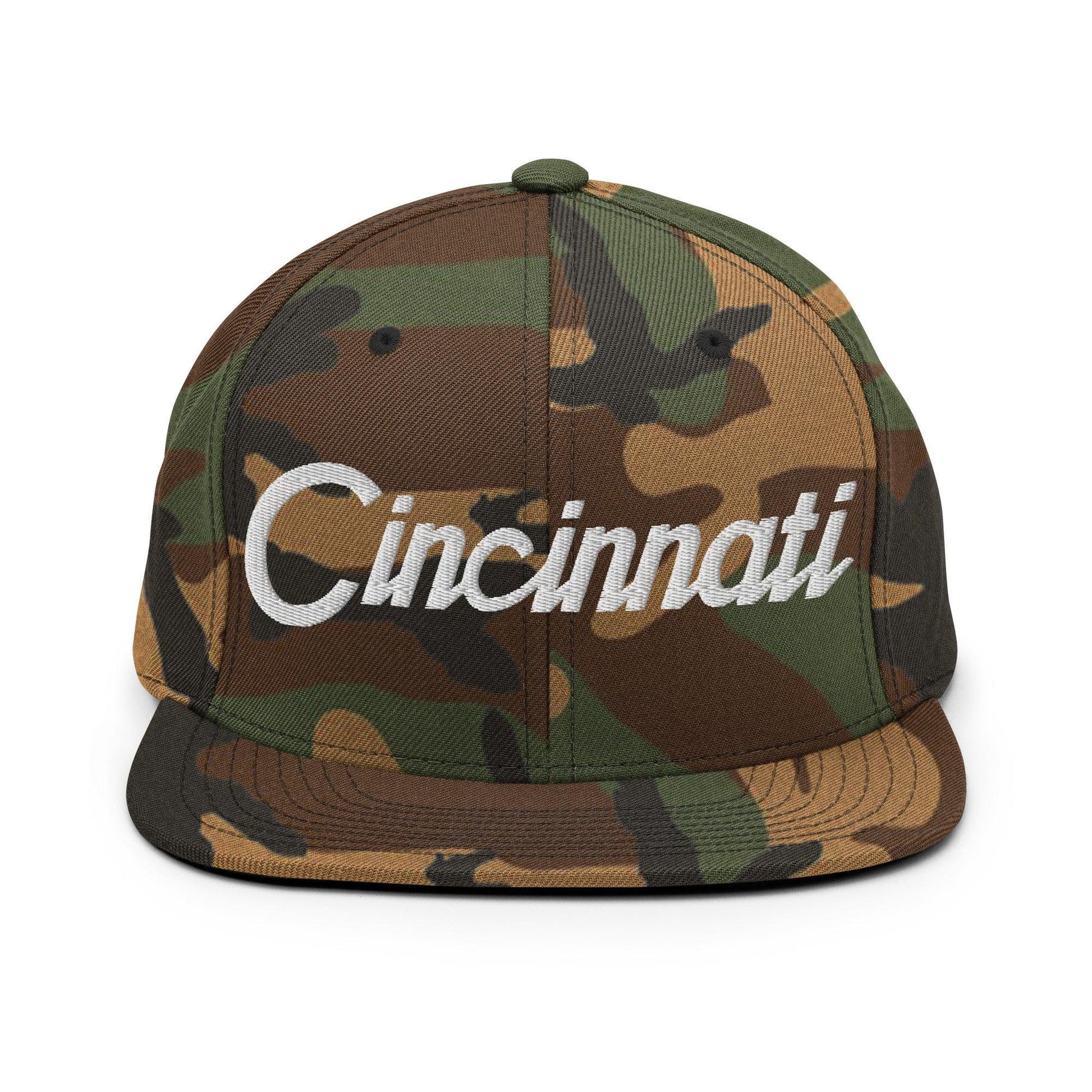 Cincinnati Script Snapback Hat Green Camo
