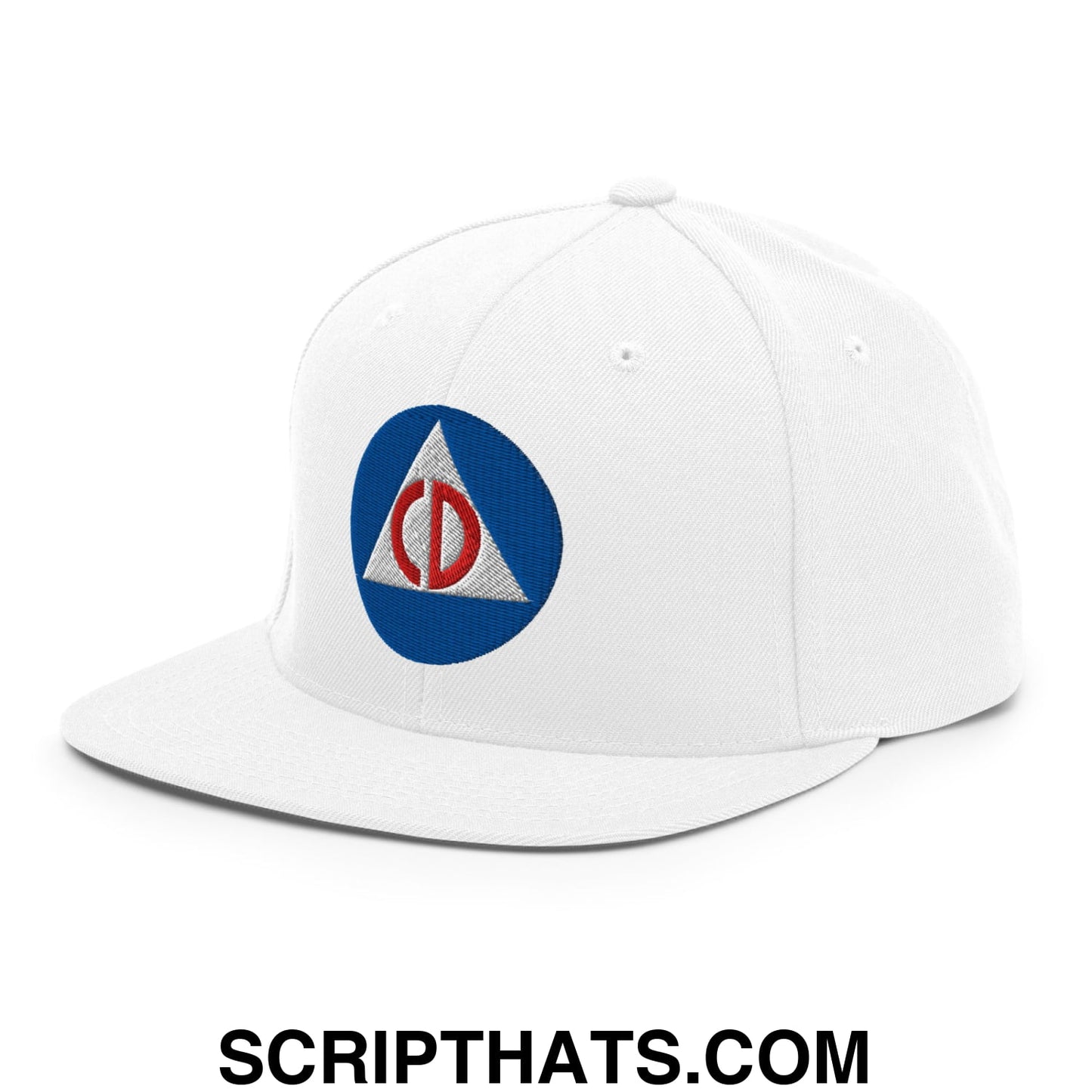 White snapback cap with a circular embroidered blue red and white geometric logo featuring a flat bill brim