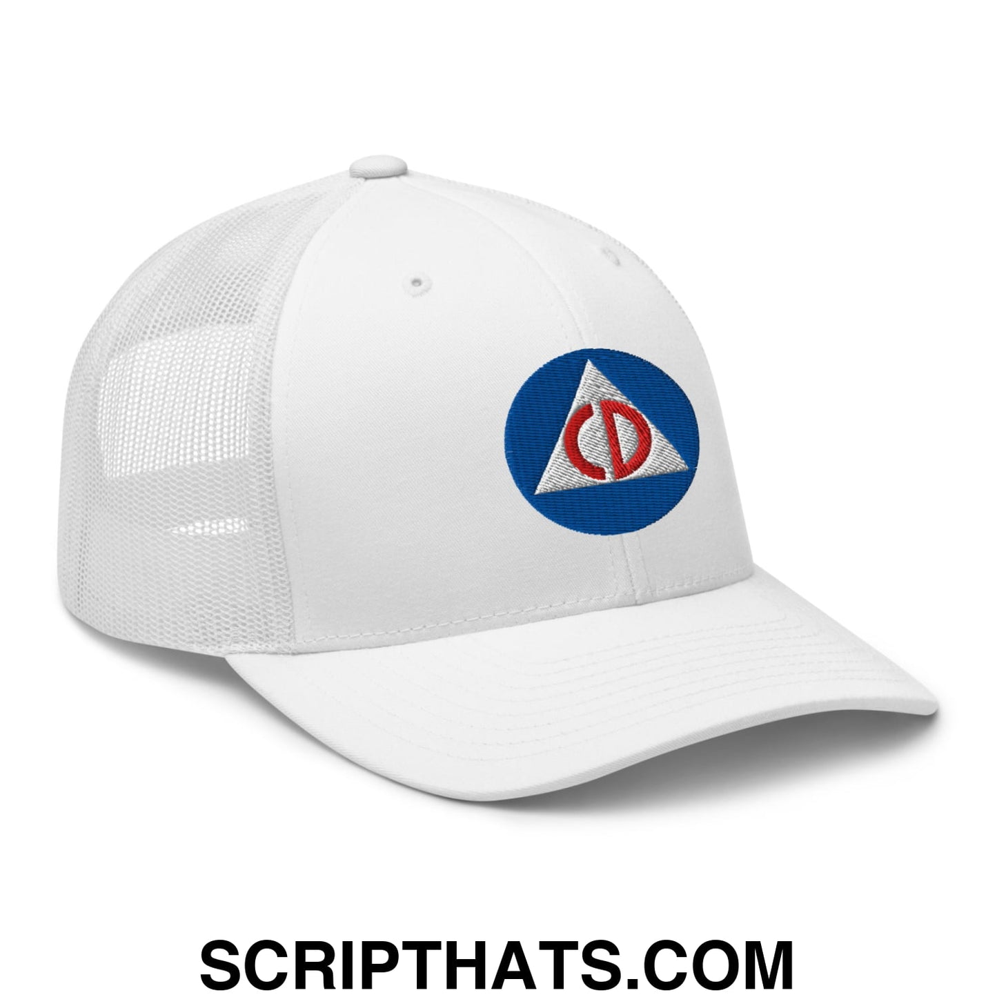 Civil defense embroidered mesh trucker hat white with blue patch featuring white triangle and red cd logo