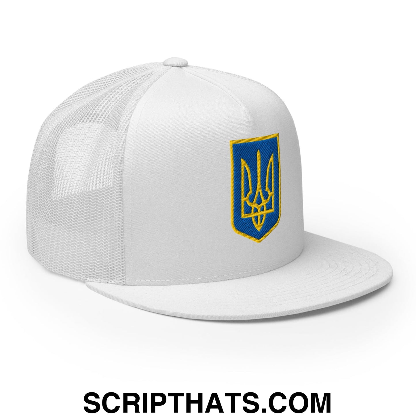 Coat of Arms of Ukraine Embroidered Flat Brim Bill Trucker Hat White