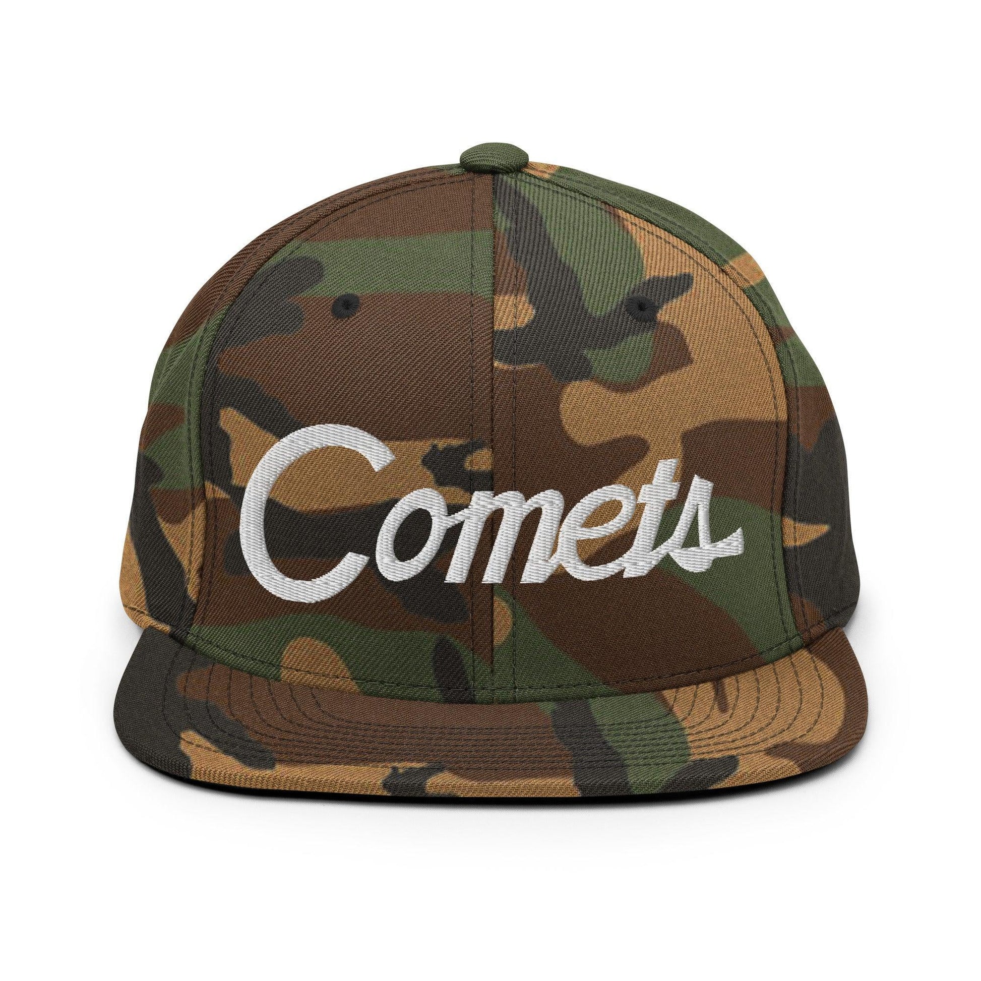 Comets School Mascot Script Snapback Hat Green Camo