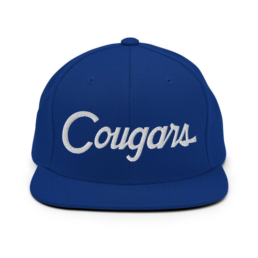Cougars School Mascot Script Snapback Hat Royal Blue