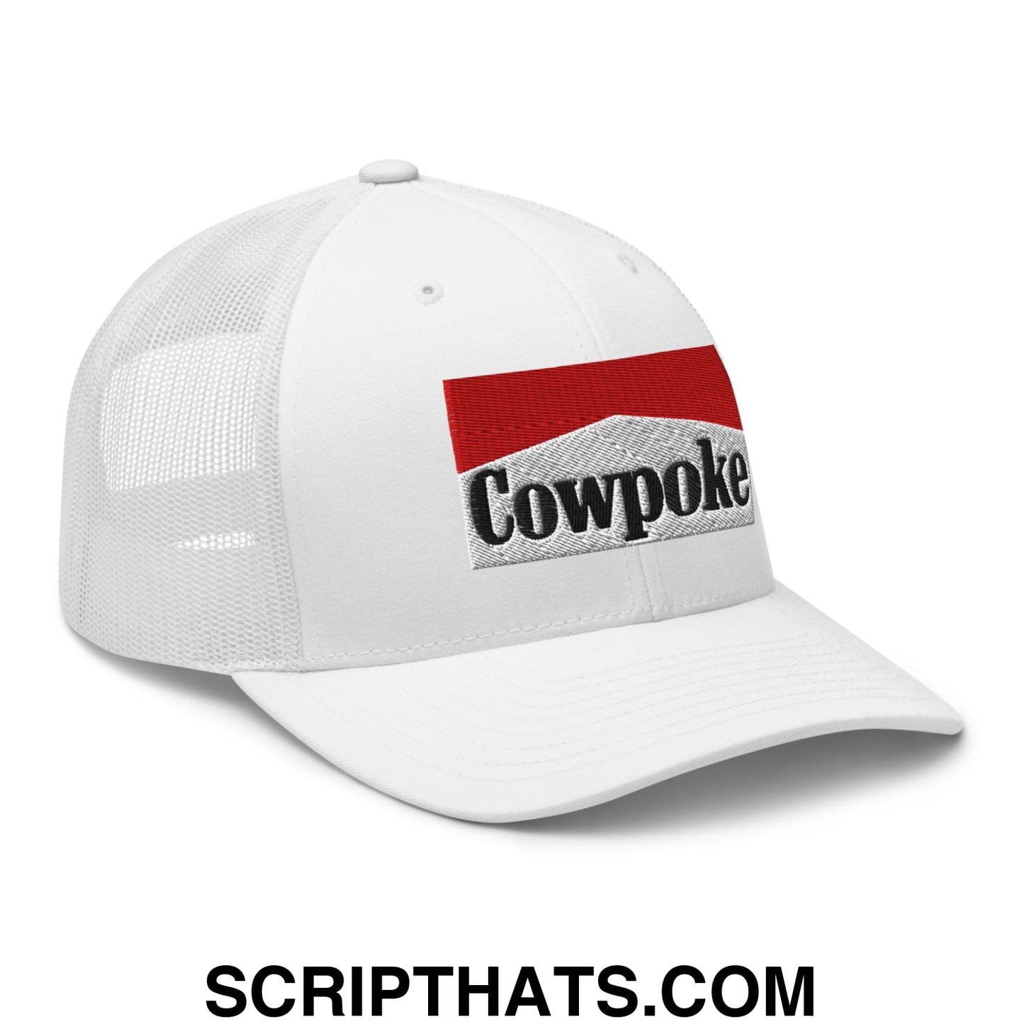 White mesh trucker hat with a red and gray embroidered cowpoke logo on the front panel