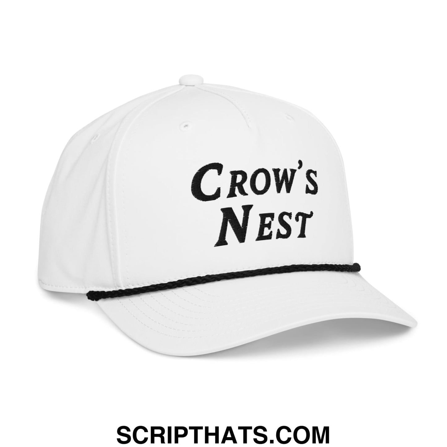 White baseball cap with black embroidered crows nest text and matching black stitched brim golf rope hat