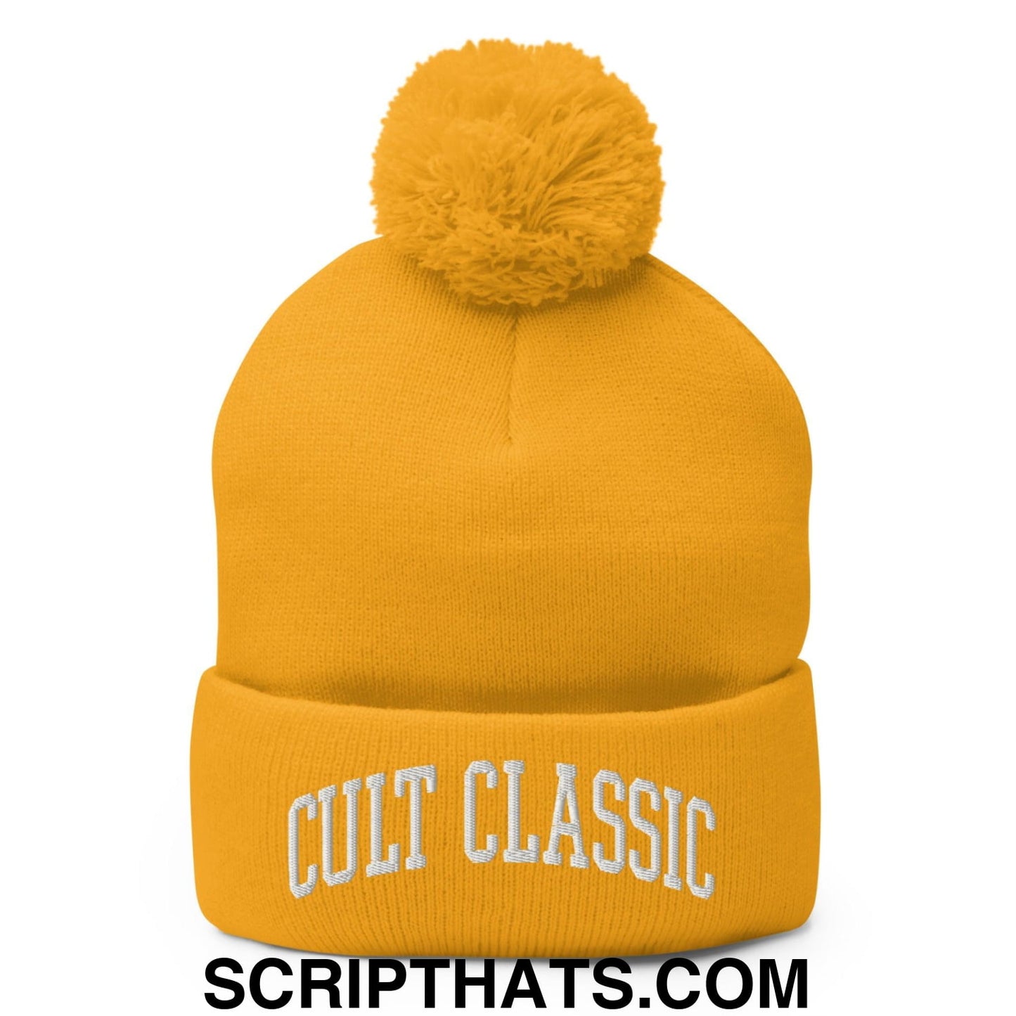 Cult Classic Embroidered Knit Pom Pom Beanie Gold