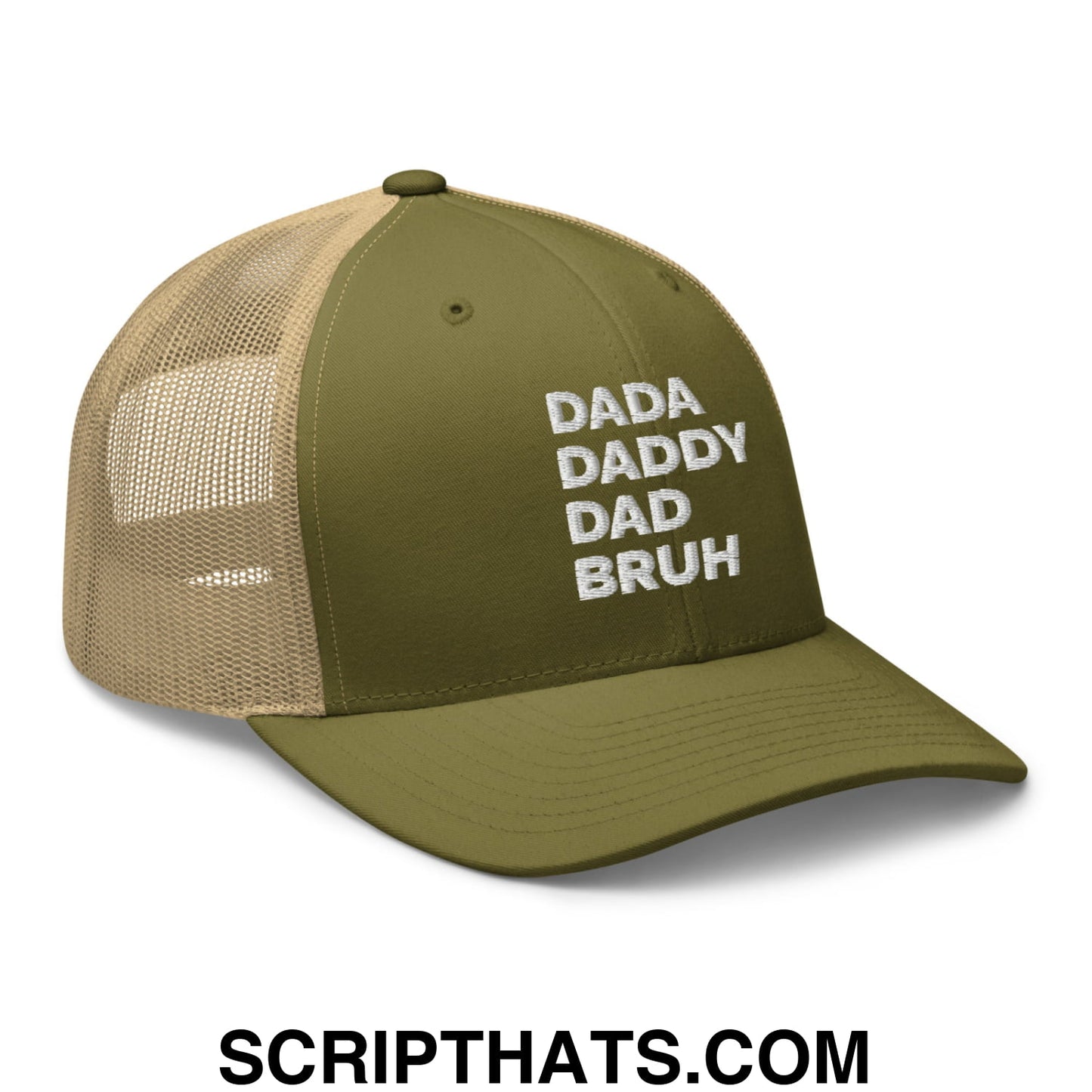 Dada Daddy Dad Bruh Embroidered Mesh Trucker Hat Moss Khaki