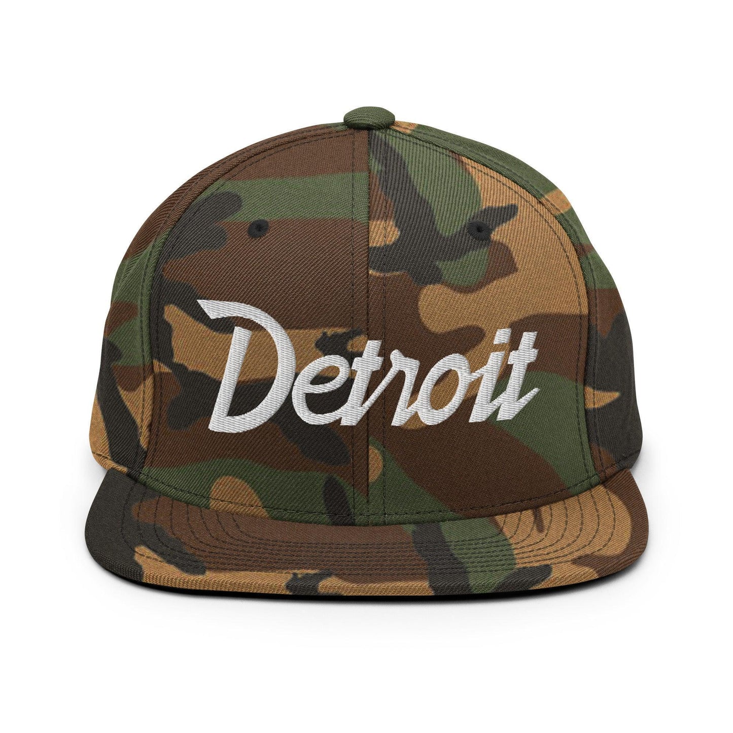 Detroit Script Snapback Hat Green Camo