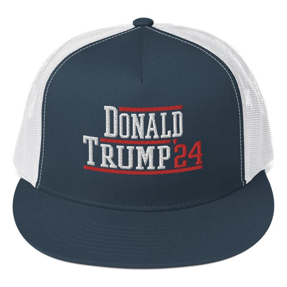 Donald Trump 2024 Flat Bill Brim Snapback Trucker Hat Navy/ White