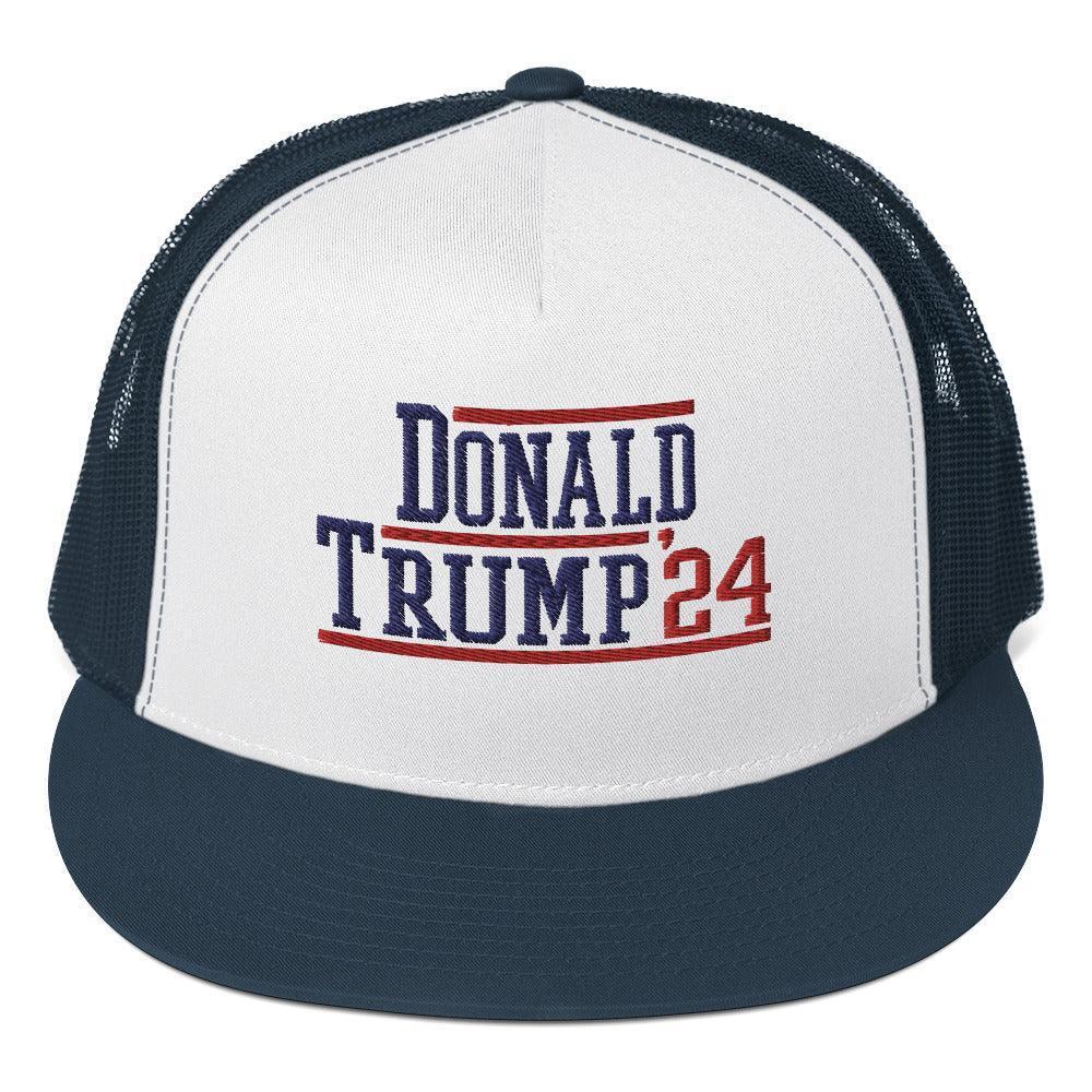 Donald Trump 2024 Flat Bill Brim Snapback Trucker Hat Navy/ White/ Navy