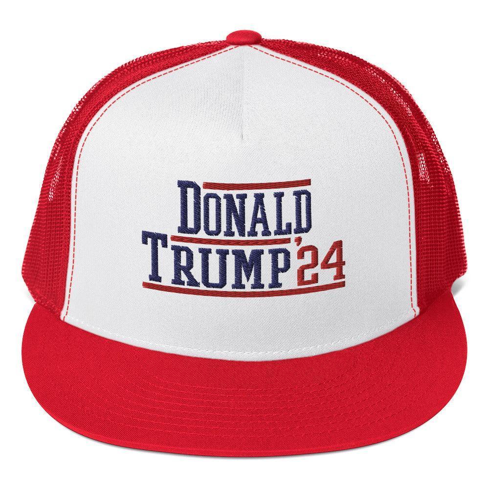 Donald Trump 2024 Flat Bill Brim Snapback Trucker Hat Red/ White/ Red