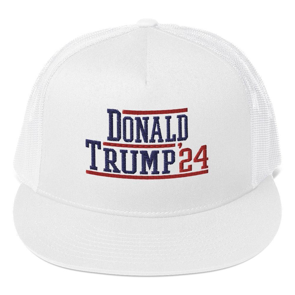 Donald Trump 2024 Flat Bill Brim Snapback Trucker Hat White