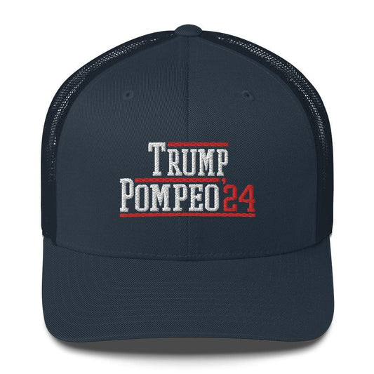 Donald Trump Mike Pompeo 2024 Snapback Trucker Hat Navy