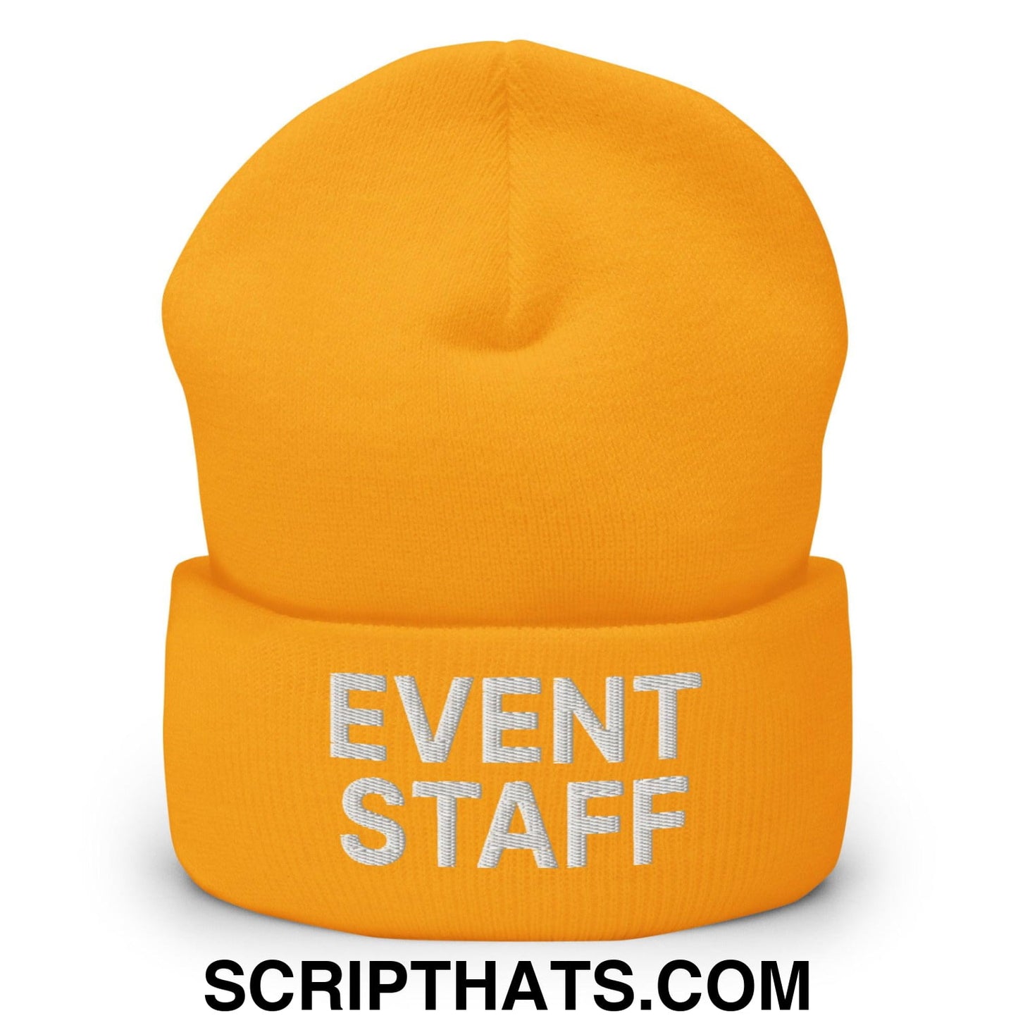 Bright orange knit cuffed beanie embroidered with event staff in white, designed for work uniform use