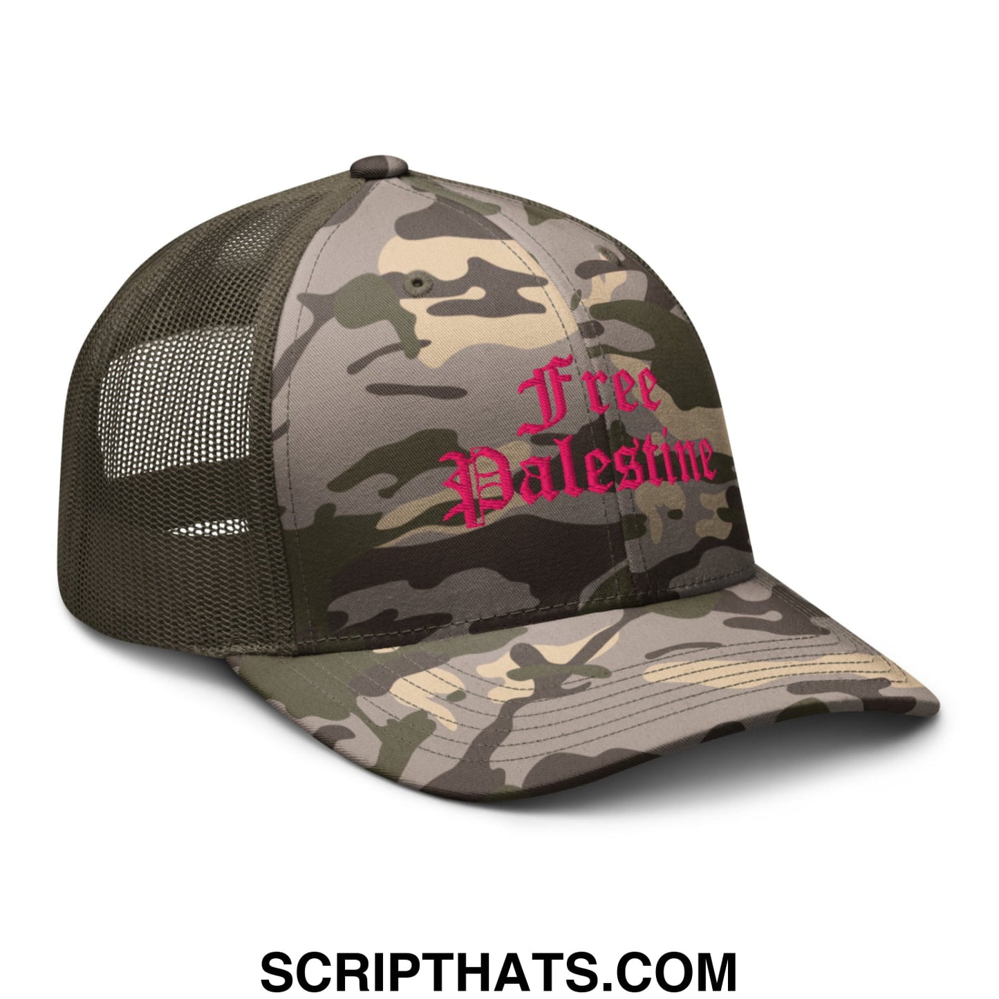 A camouflage mesh trucker hat with pink embroidered free palestine text in ornate script font