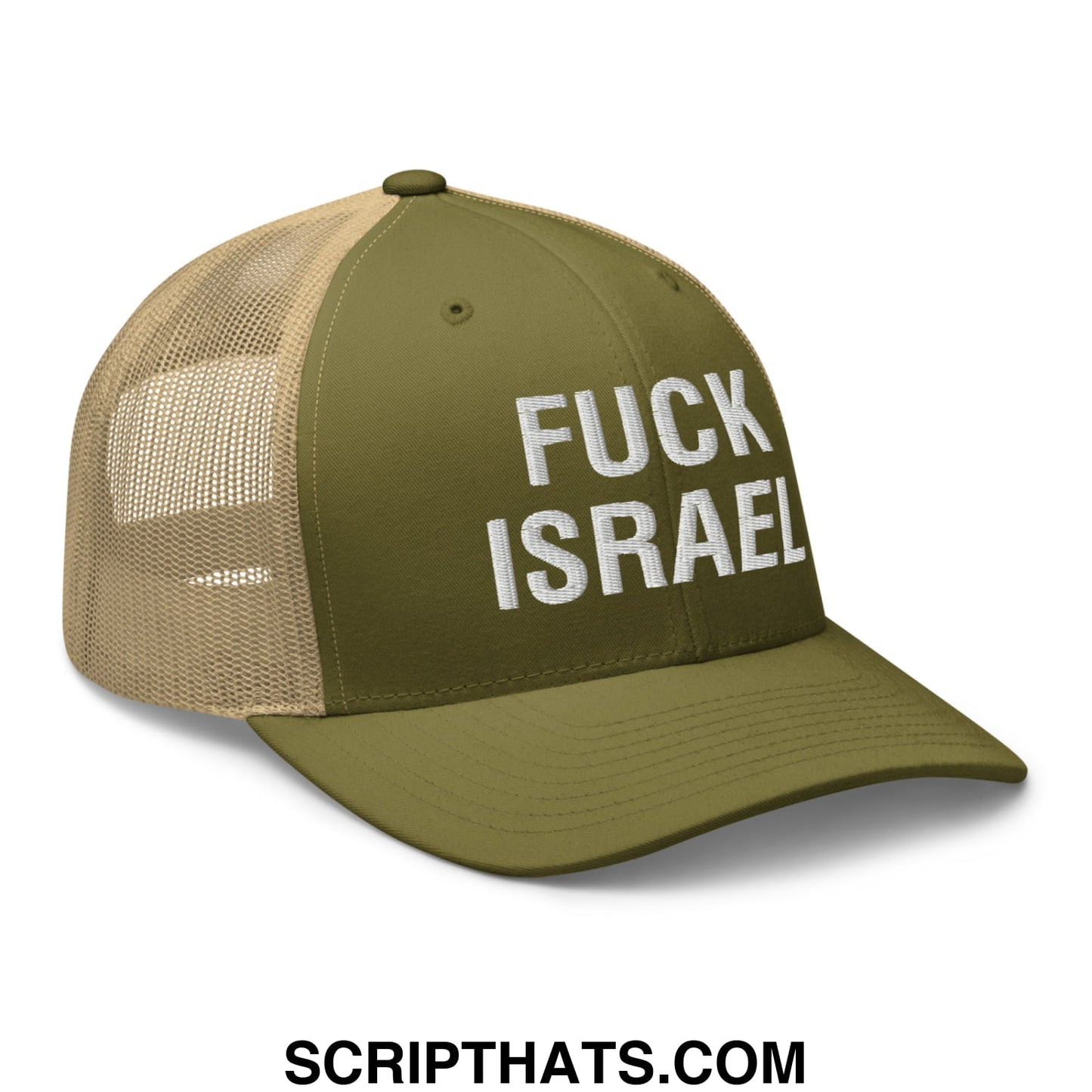 Fuck Israel Embroidered Mesh Trucker Hat Moss Khaki