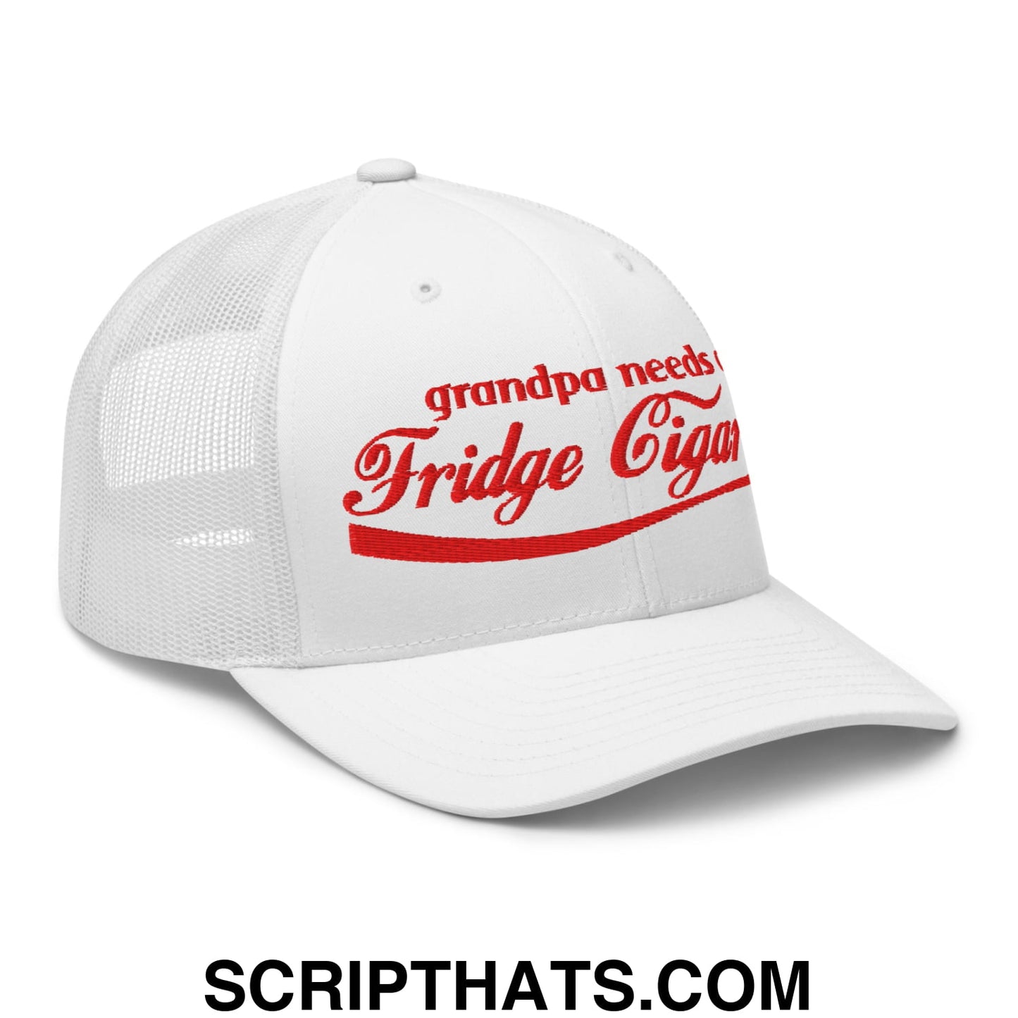 White mesh trucker hat with red embroidered text grandpa needs fridge cigar and adjustable strap