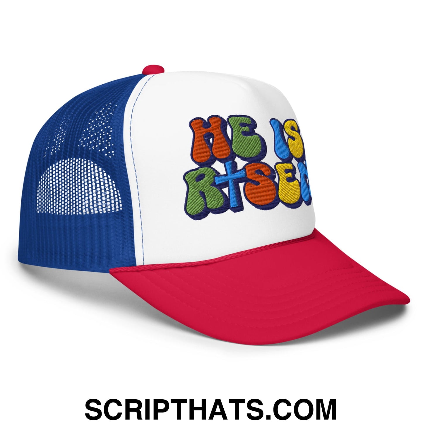He Is Risen Jesus Easter Embroidered Foam Mesh Trucker Hat White Royal Red