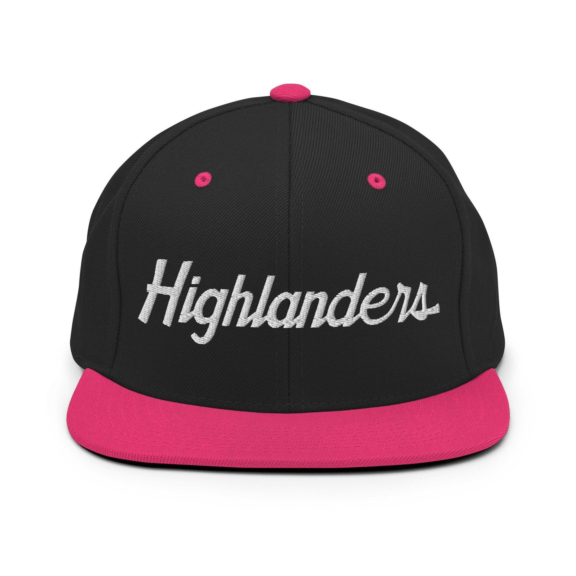 Highlanders School Mascot Script Snapback Hat Black/ Neon Pink