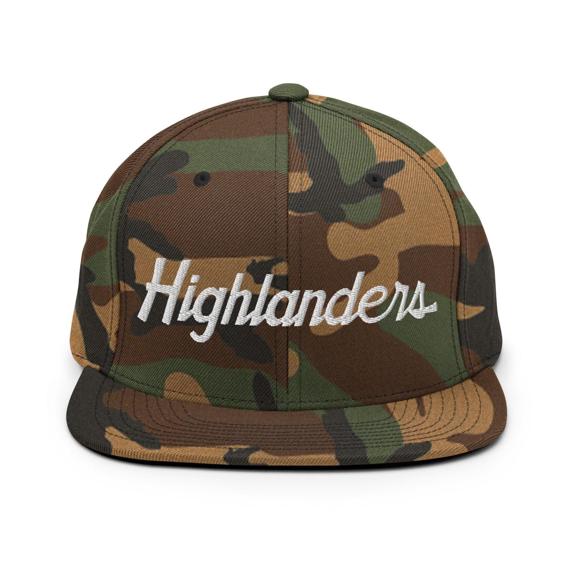 Highlanders School Mascot Script Snapback Hat Green Camo