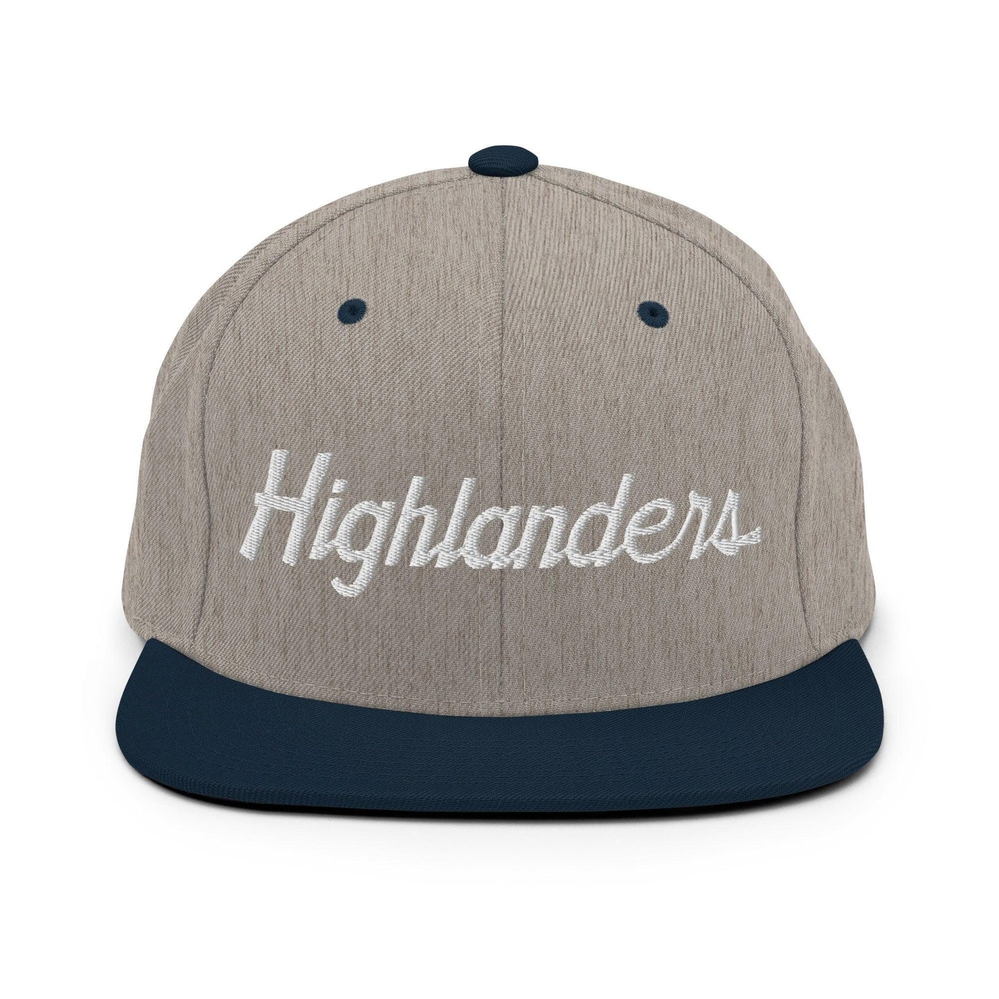 Highlanders School Mascot Script Snapback Hat Heather Grey/ Navy