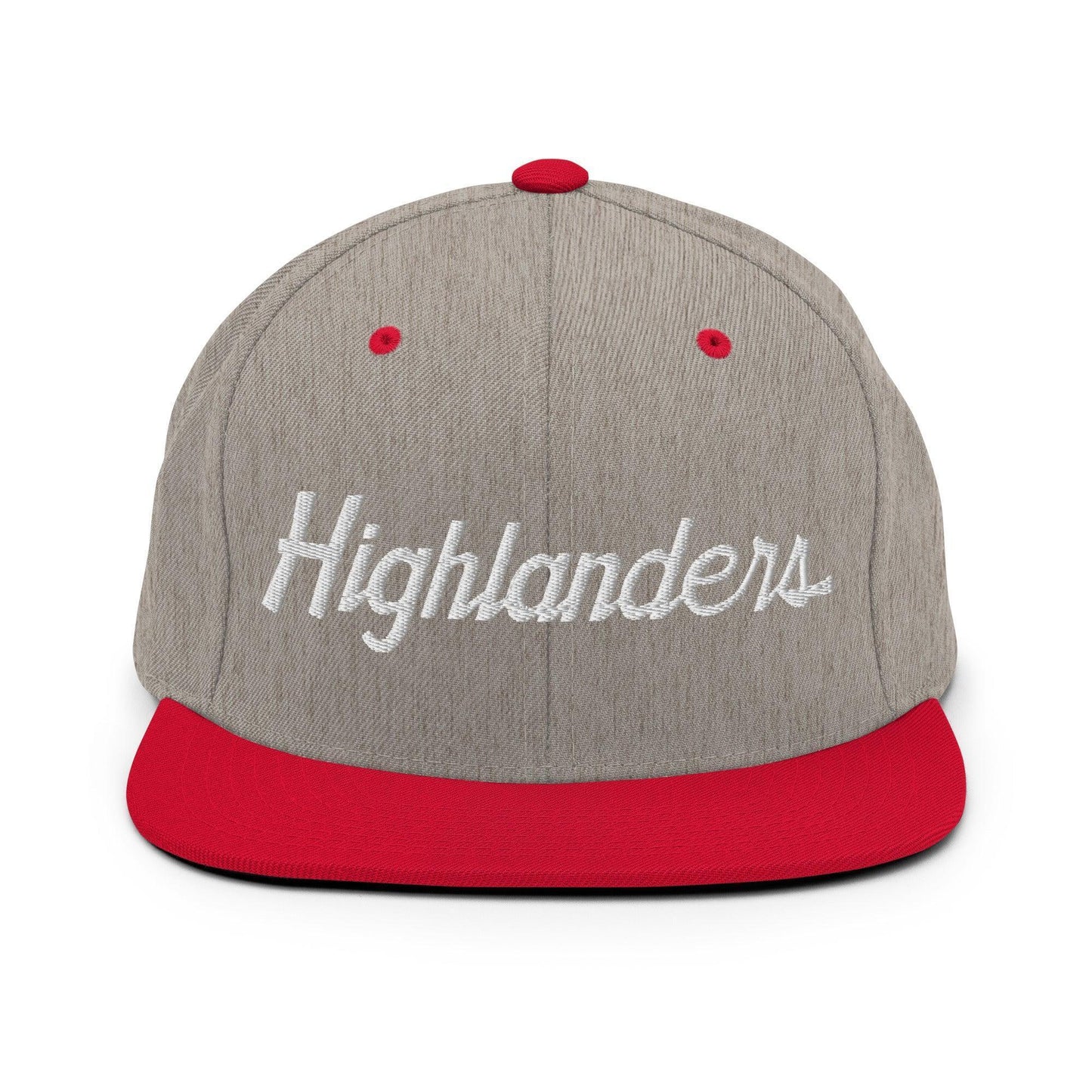 Highlanders School Mascot Script Snapback Hat Heather Grey/ Red