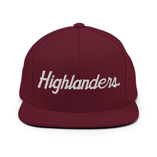 Highlanders School Mascot Script Snapback Hat Maroon