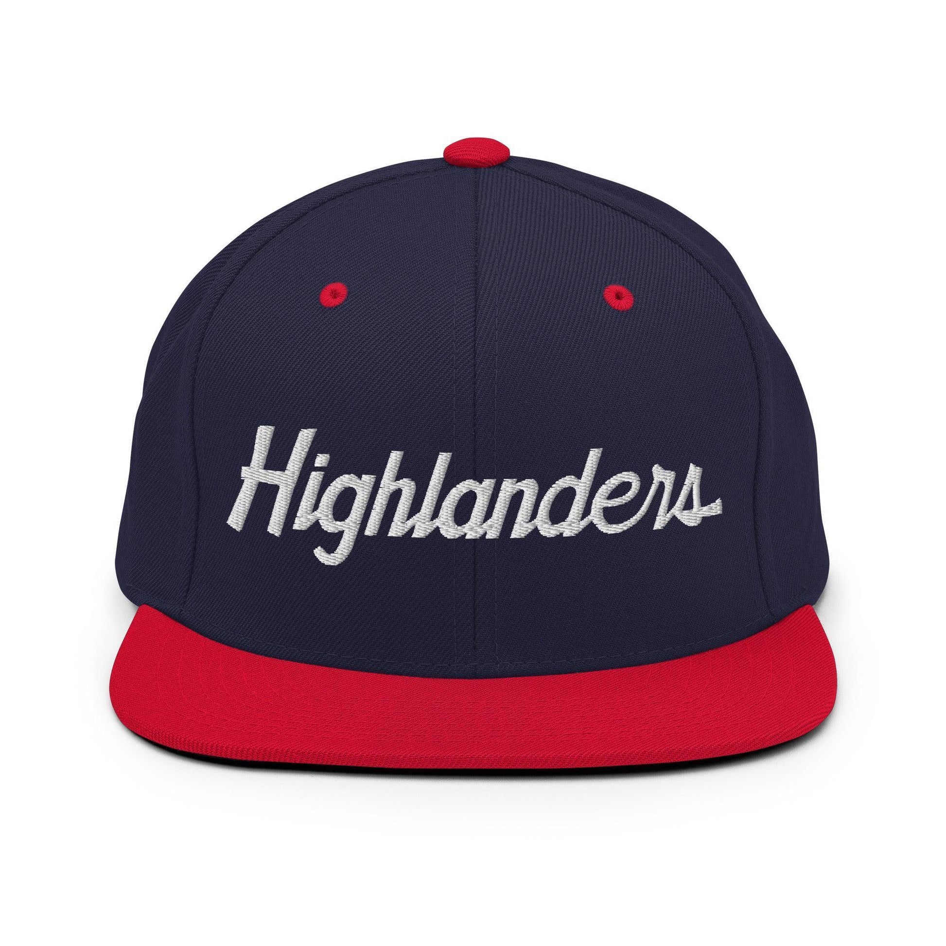 Highlanders School Mascot Script Snapback Hat Navy/ Red