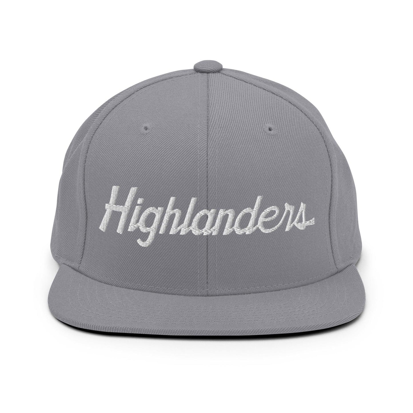 Highlanders School Mascot Script Snapback Hat Silver