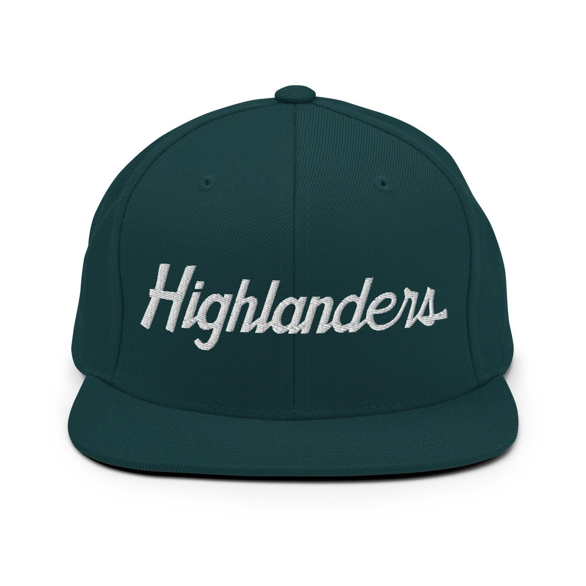 Highlanders School Mascot Script Snapback Hat Spruce