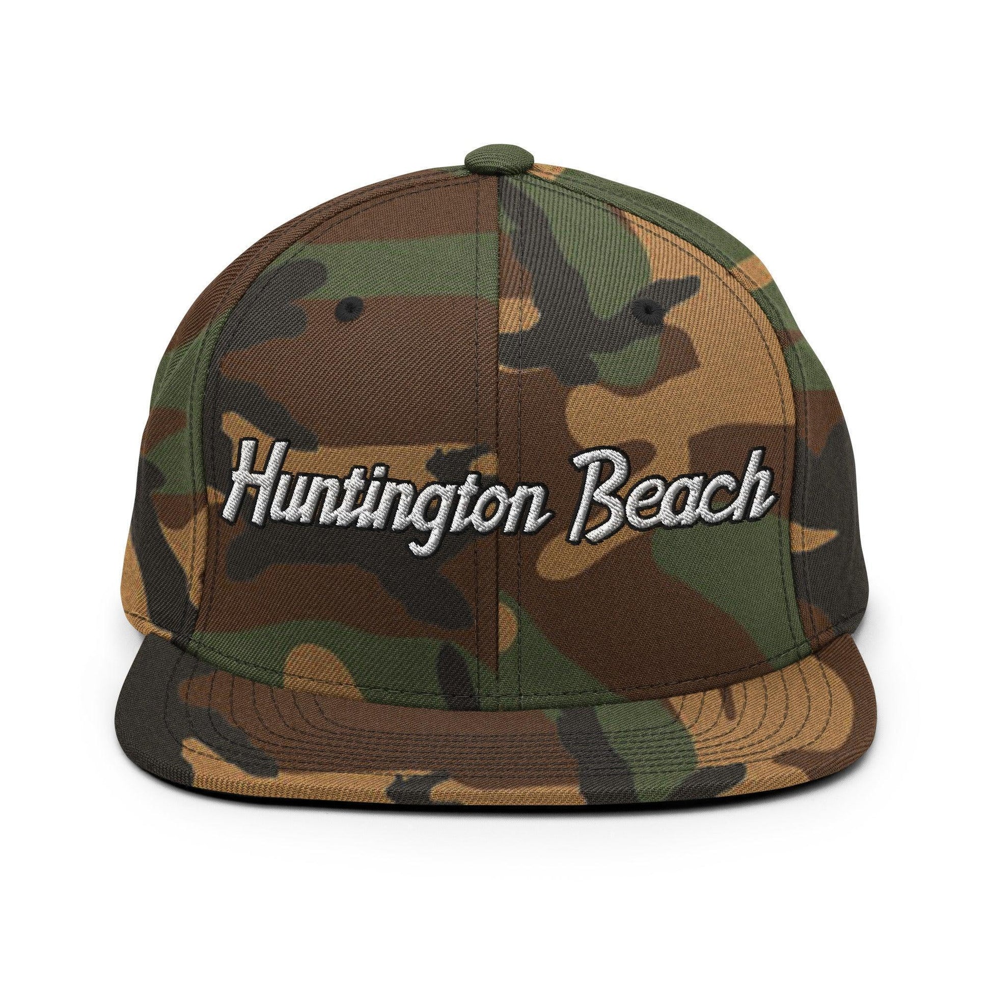 Huntington Beach Script Snapback Hat Green Camo