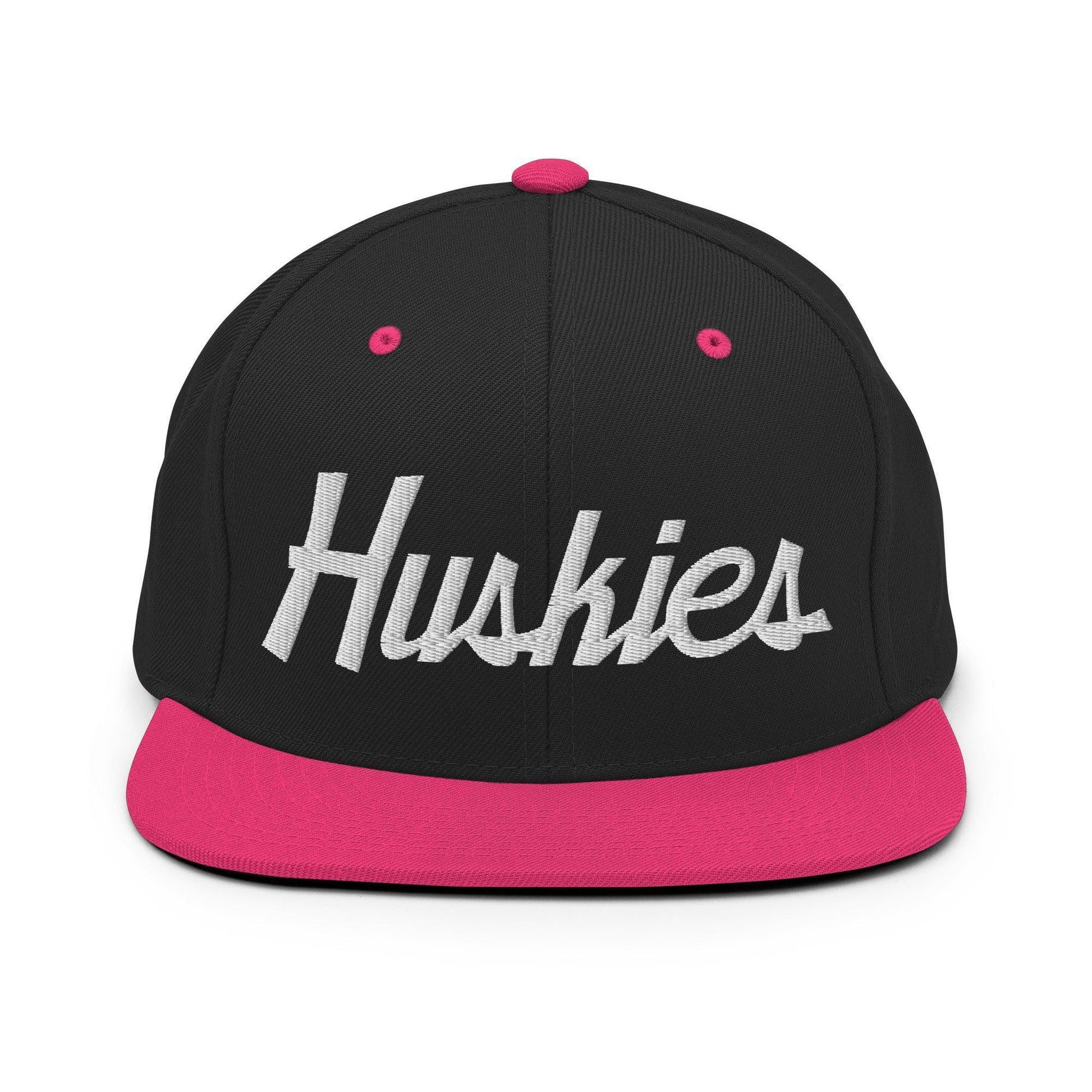 Huskies School Mascot Script Snapback Hat Black/ Neon Pink
