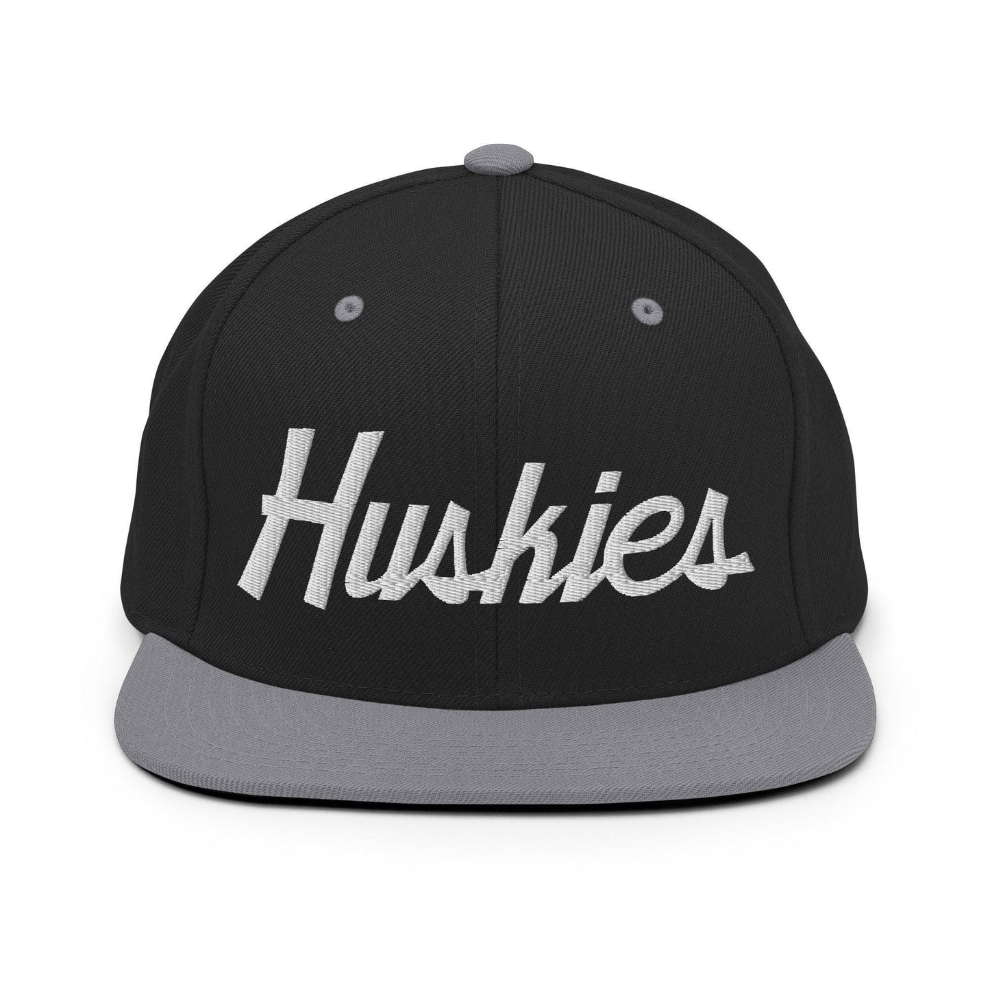 Huskies School Mascot Script Snapback Hat Black/ Silver