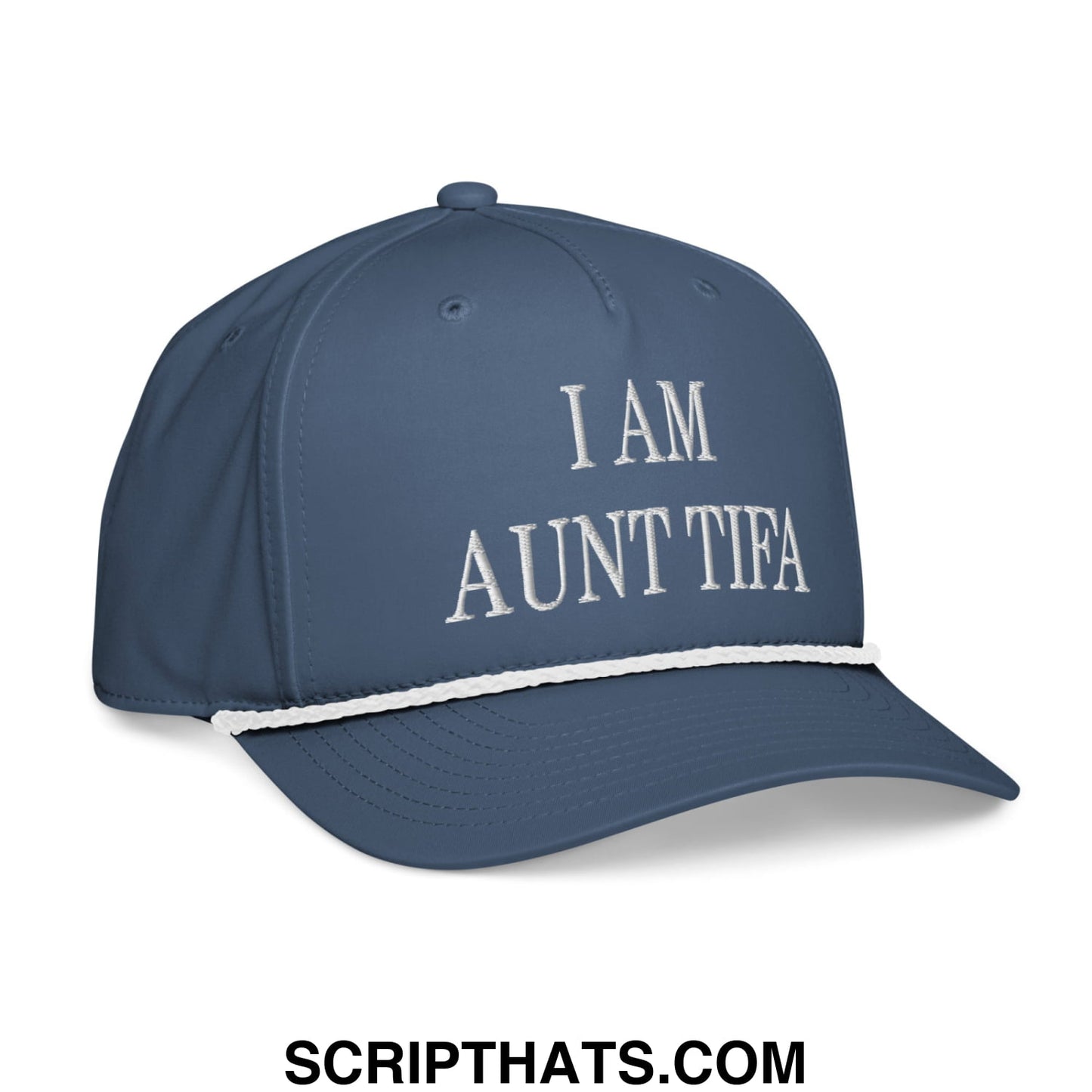 Navy blue baseball cap with white embroidered i am aunt tifa text and contrasting white stitched brim rope hat