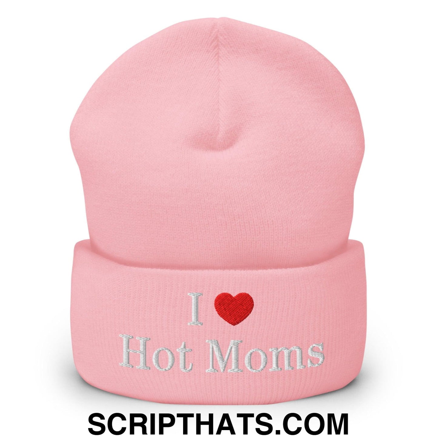 I Love Hot Moms Embroidered Knit Cuffed Beanie Baby Pink