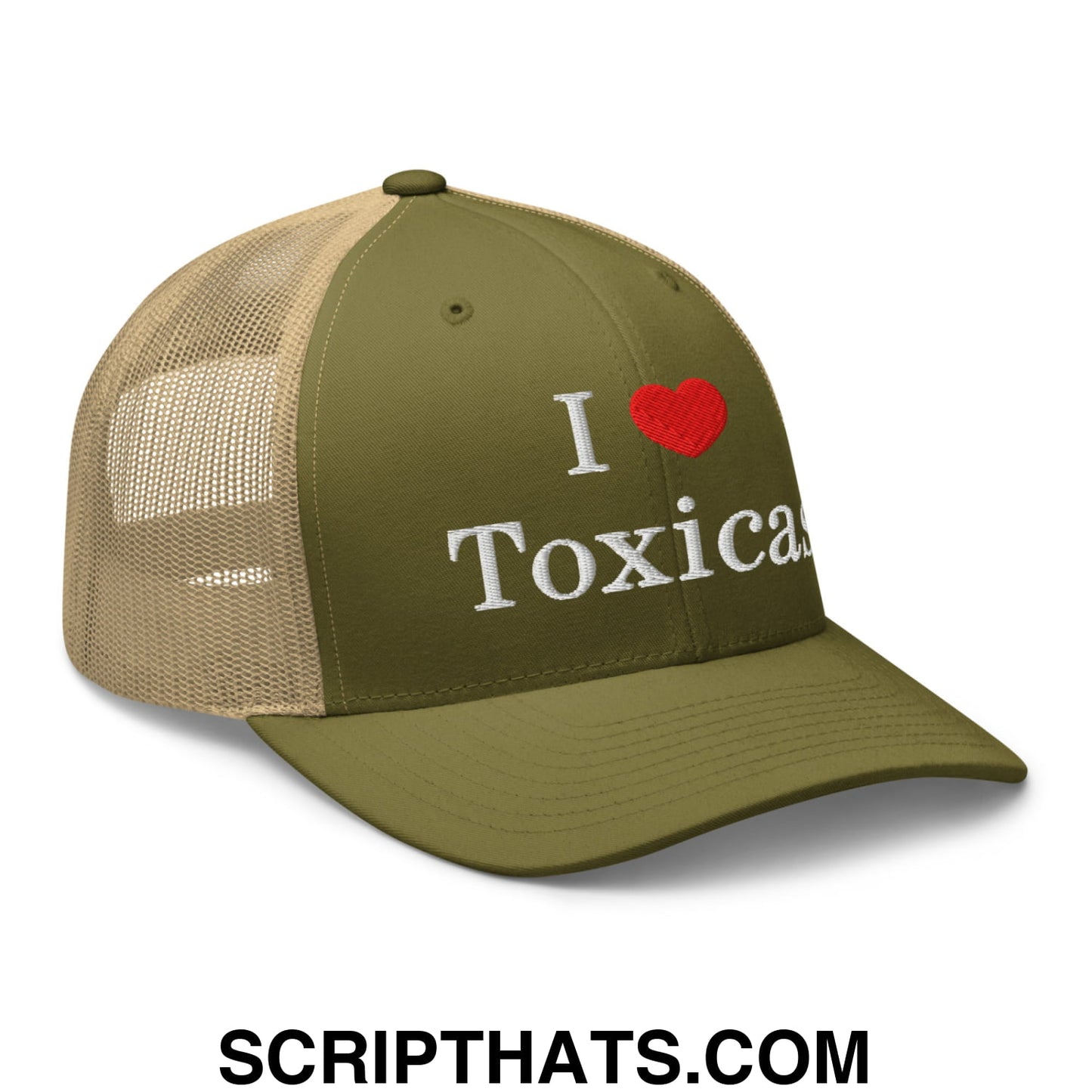 I Love Toxicas Embroidered Mesh Trucker Hat Moss Khaki