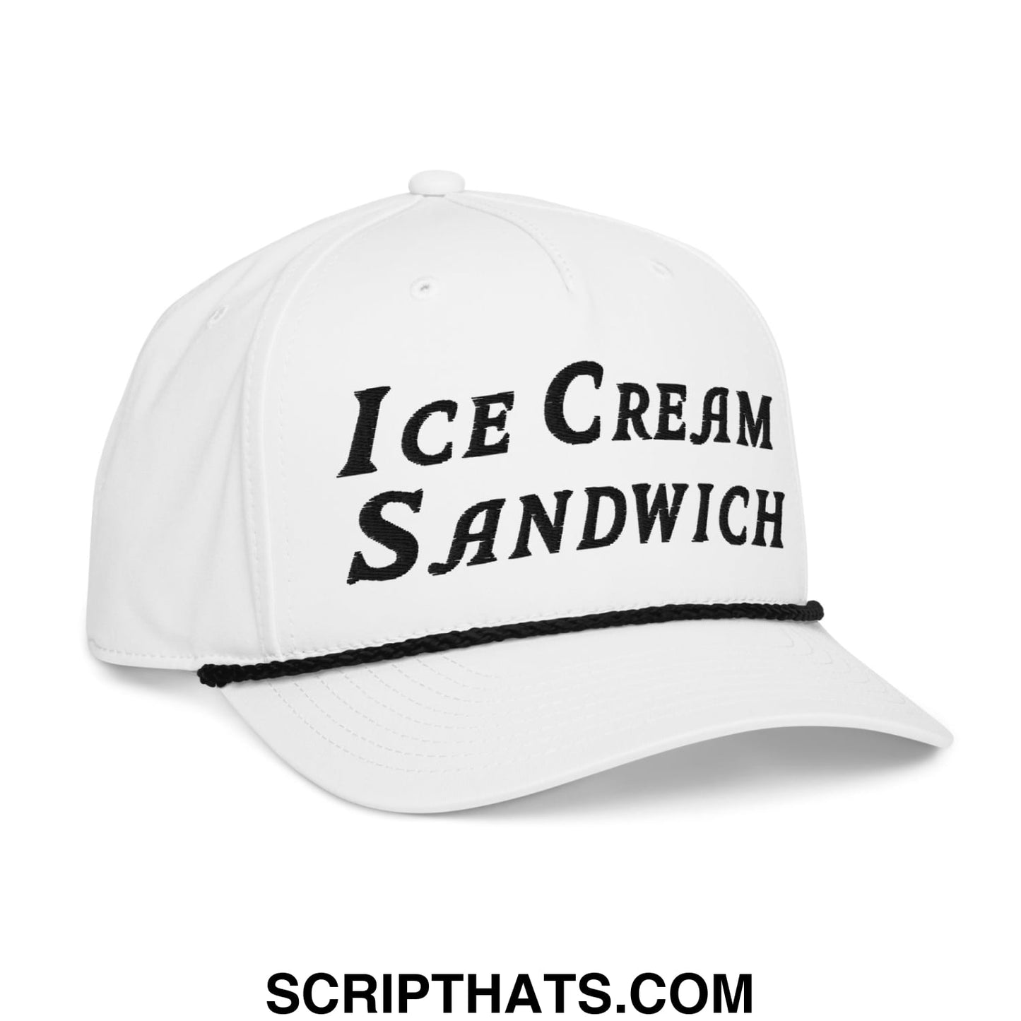 White embroidered ice cream sandwich golf rope hat with black brim trim and text on the front