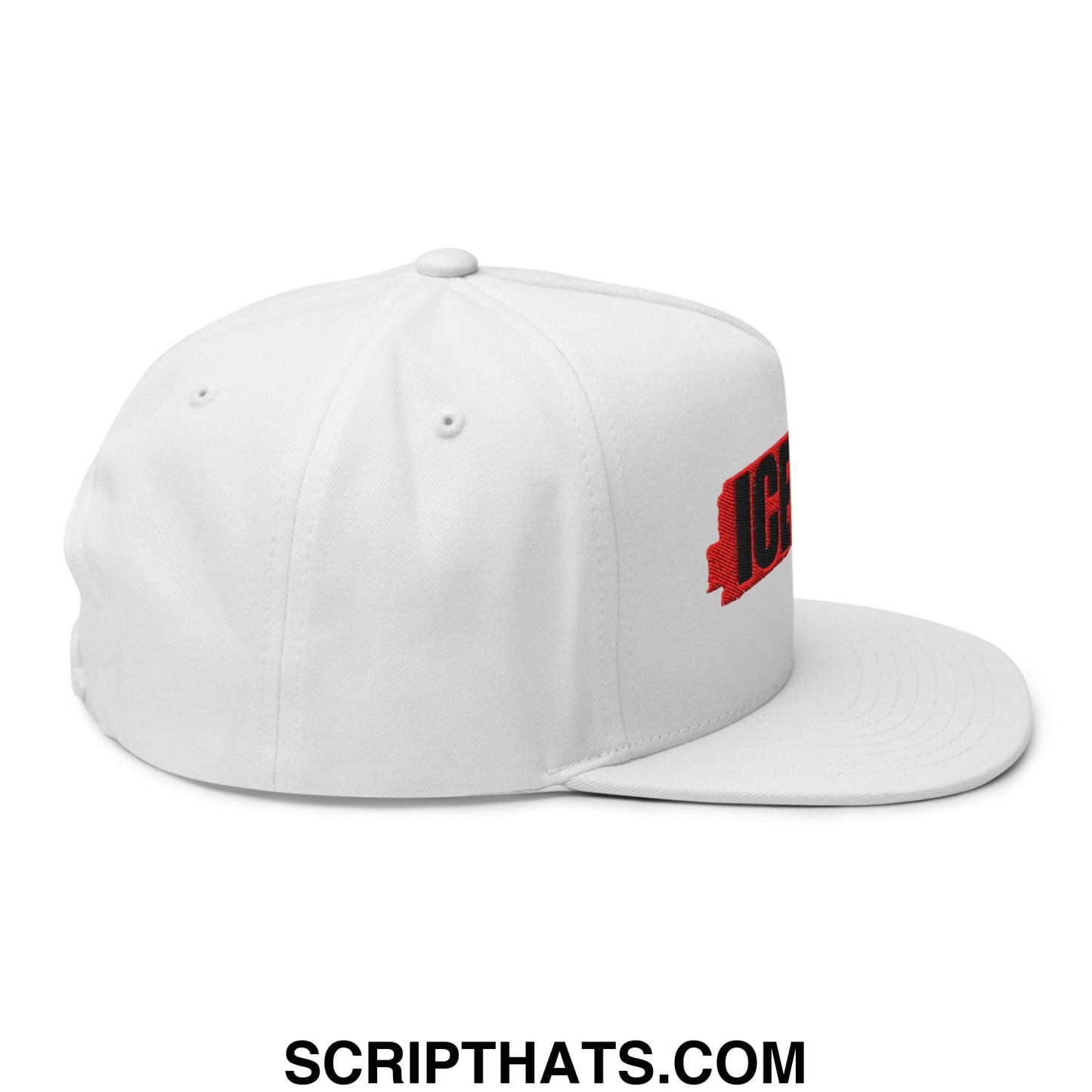 White snapback cap with red embroidered ic logo on the side featuring a flat bill brim and 5 panel design