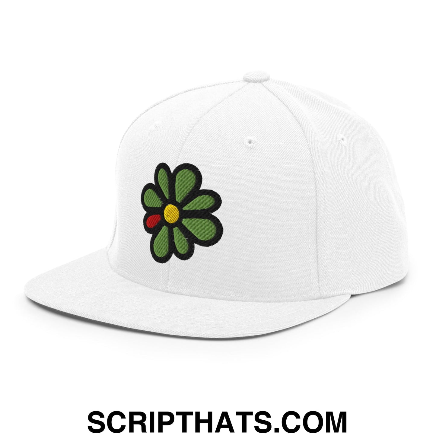 ICQ Embroidered Flat Bill Brim Snapback Hat White